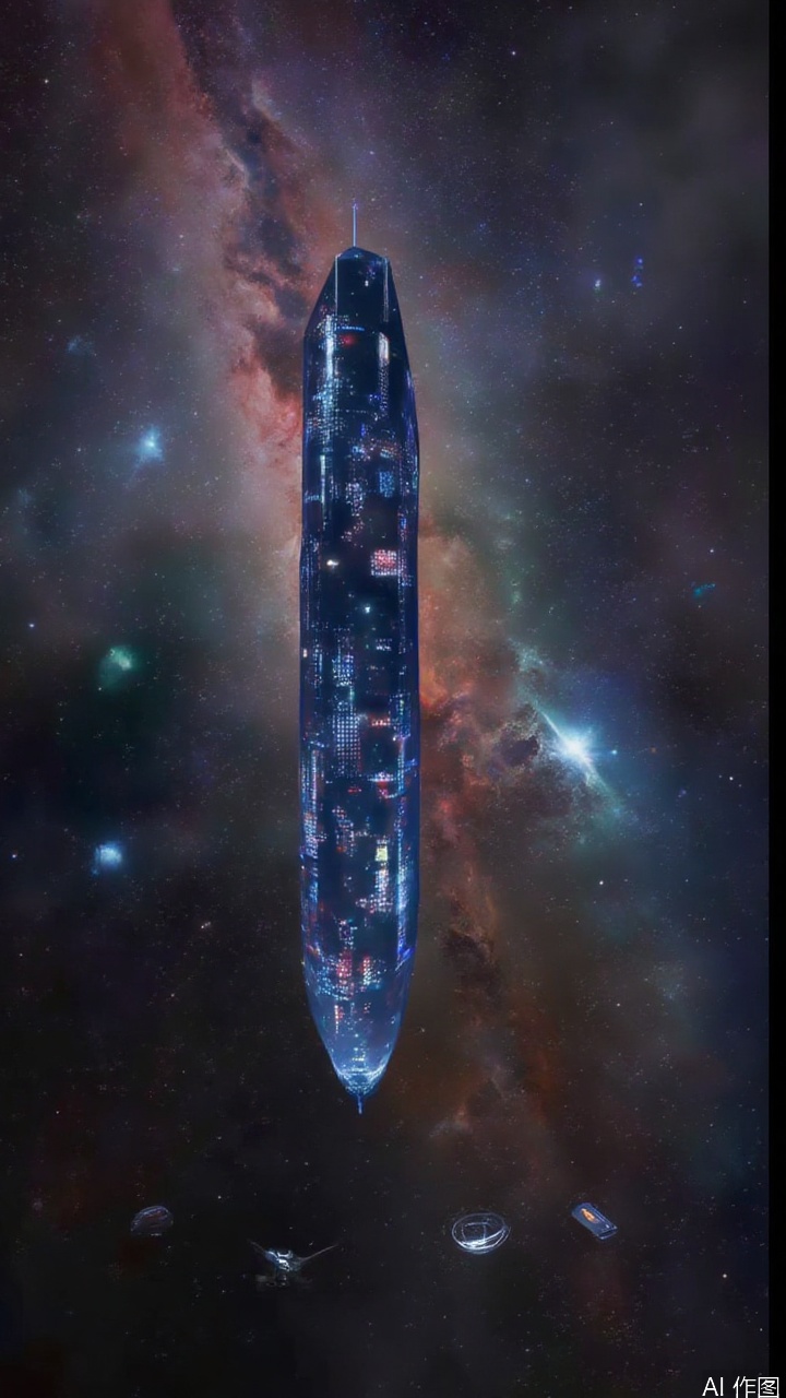 A digital CGI image showing a cosmic city of the future, with buildings towering into the clouds and flashing with lights of various colors. The city is suspended in a nebula, with spacecraft and satellites shuttled around, full of futuristic and technological sense.