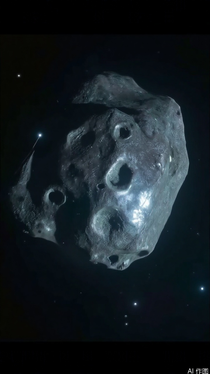 A close-up photo shows an alien rock emitting a mysterious silver light, with strange textures and depressions on the surface. Around the rock is a black void, with only a few faint stars shining, highlighting the mystery and uniqueness of the rock.