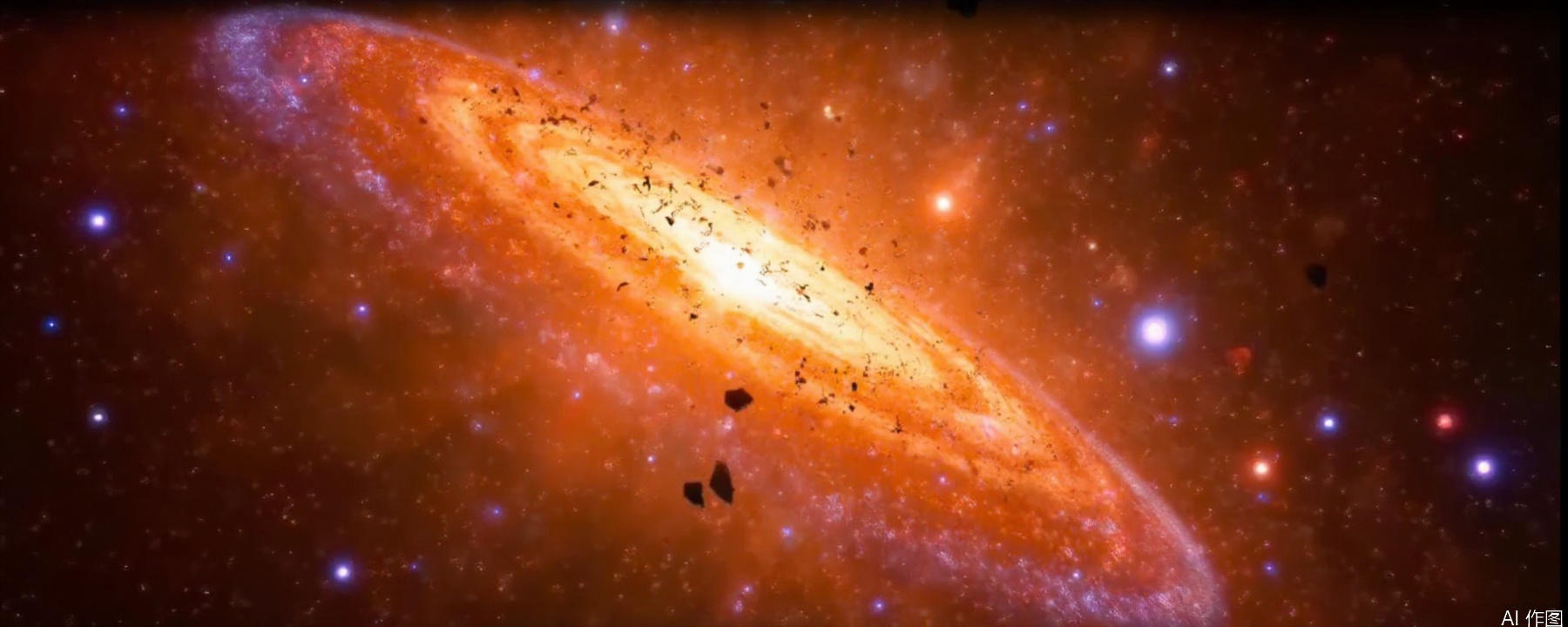 At the moment of the Big Bang presented by Digital CGI art, colorful light bursts from an origin to the surroundings, and fragments and energy waves spread wildly in the void. The surrounding space is illuminated by light, and the outlines of other galaxies can be vaguely seen in the distance, and the whole scene is full of shock and fantasy.