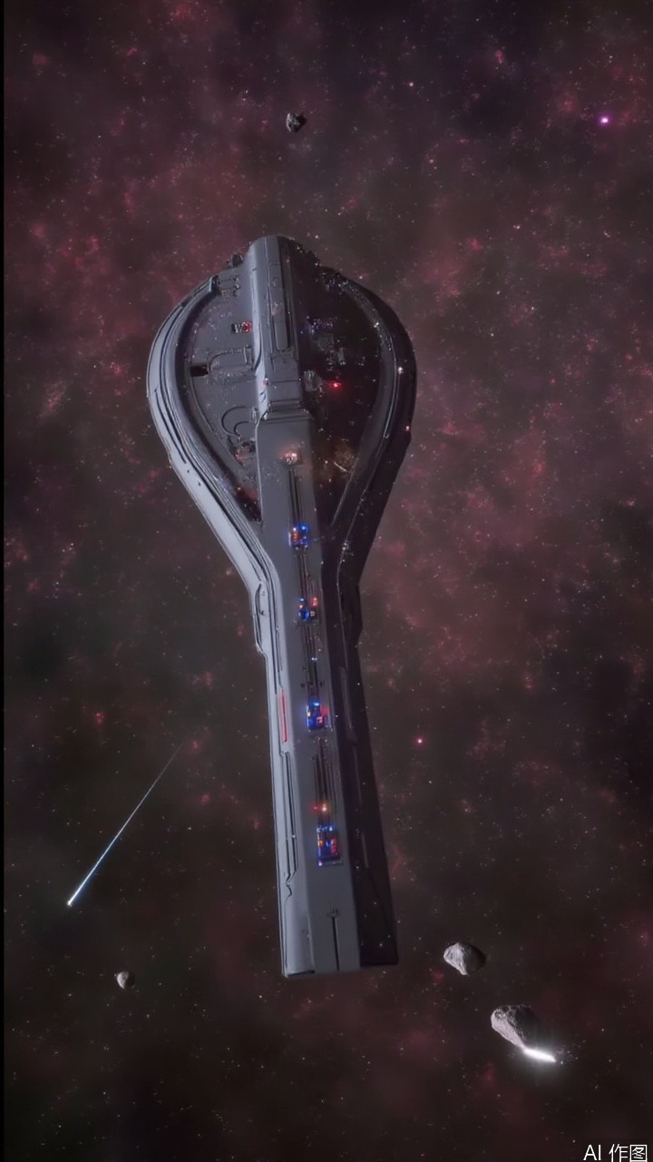 Digital CGI images present a futuristic space station, which looks like a giant metal bird with smooth lines and flickering lights. The space station shuttles through a space covered with nebula, with asteroids and meteors passing by, full of technological sense and dynamic.