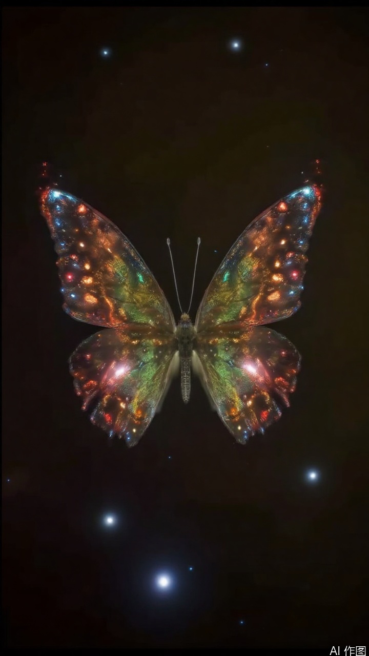 A photo captures a nebula, shaped like a huge butterfly, with colorful lights shining on its wings. Around the nebula is a dark void, and a few stars are twinkling in the distance, as if they are the guardians of this butterfly, creating a fantastic and beautiful scene.