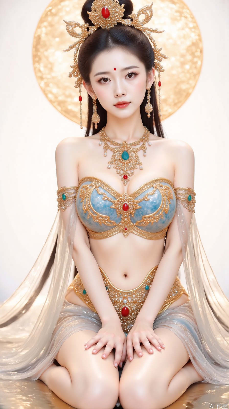 1girl,solo,long hair,breasts,looking at viewer,black hair,hair ornament,navel,bare shoulders,jewelry,sitting,earrings,necklace,hair bun,facial mark,forehead mark