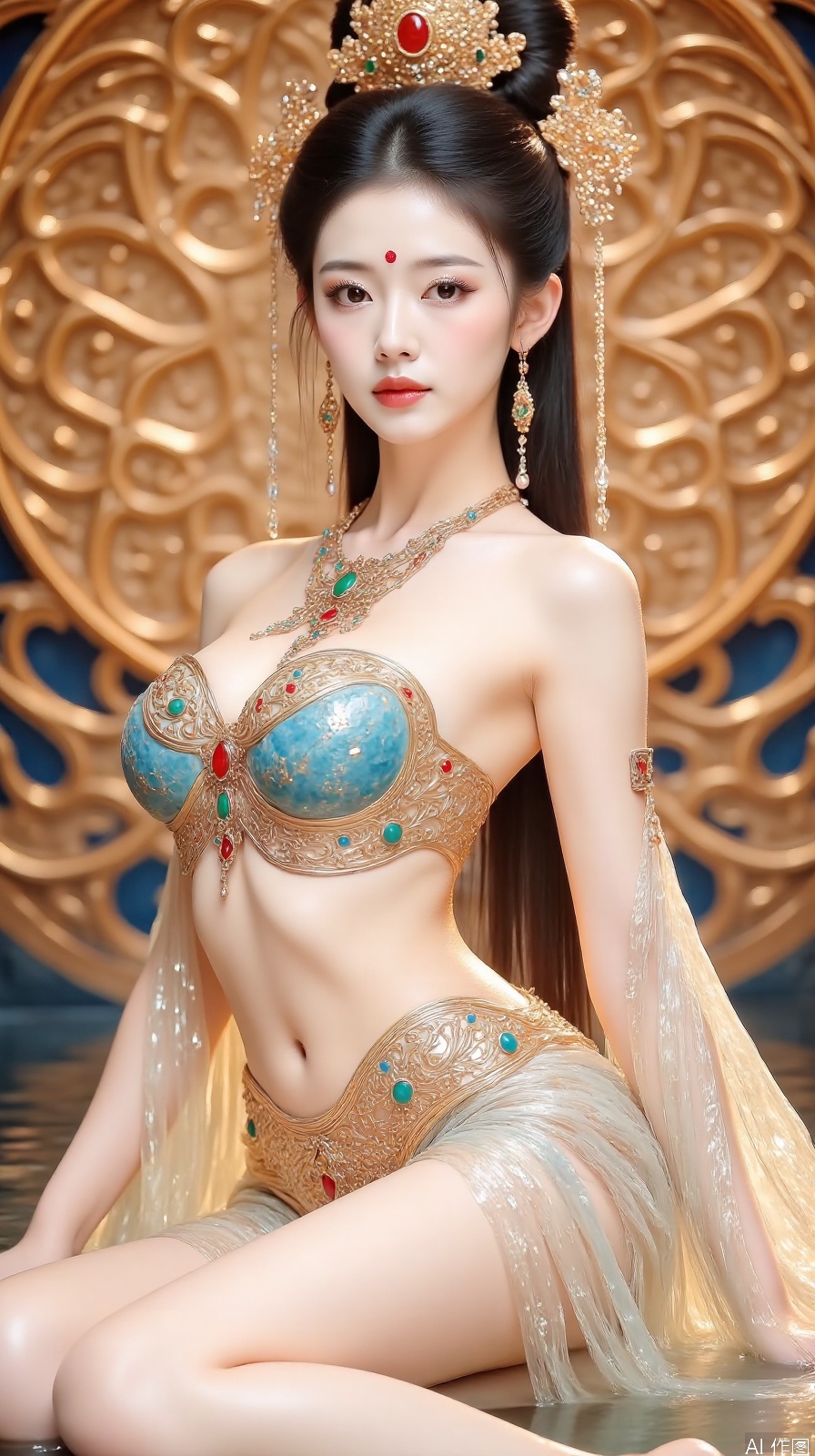 1girl,solo,long hair,breasts,looking at viewer,black hair,hair ornament,navel,bare shoulders,jewelry,sitting,earrings,necklace,hair bun,facial mark,forehead mark