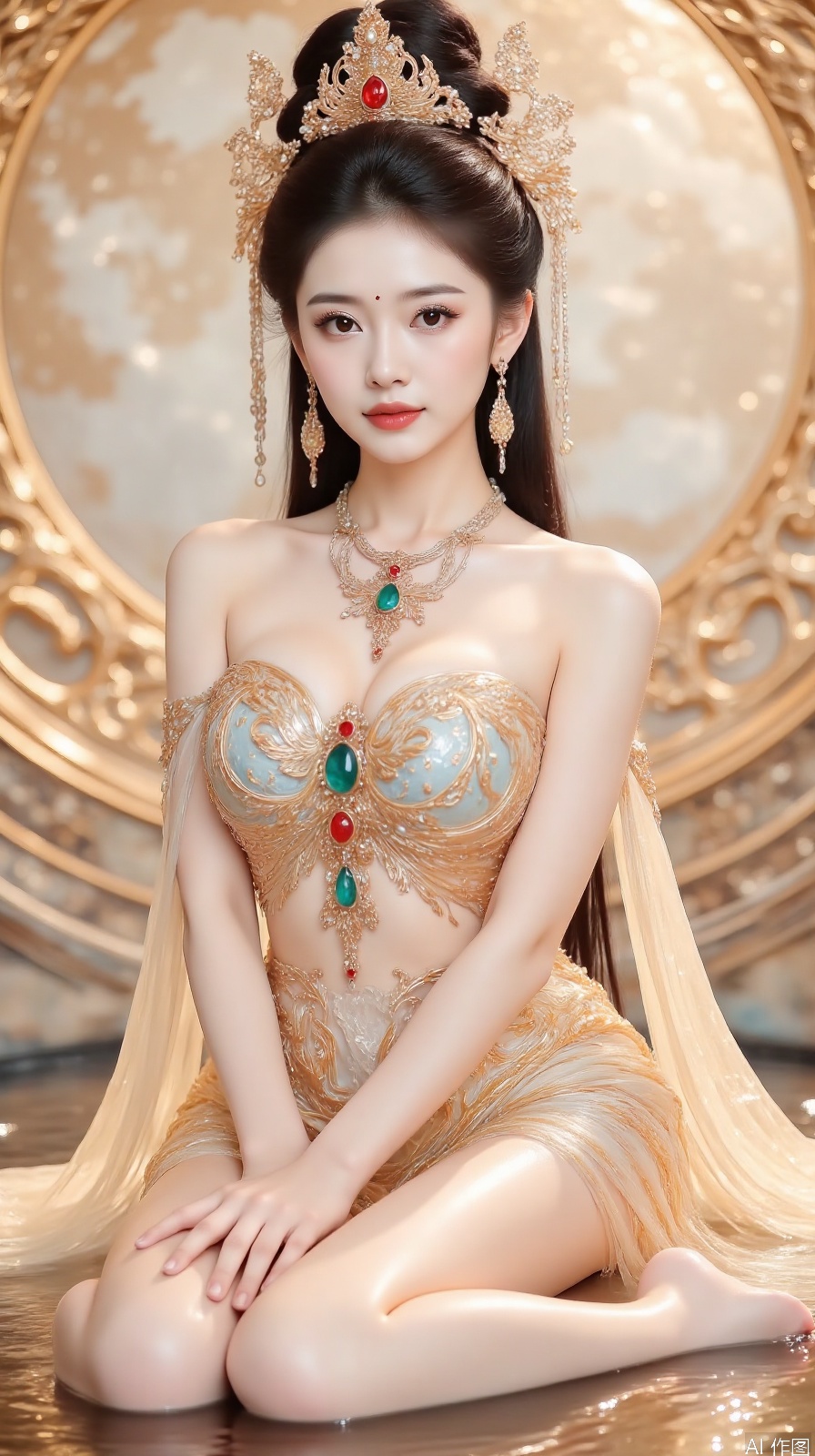1girl,solo,long hair,breasts,looking at viewer,black hair,hair ornament,dress,jewelry,sitting,earrings,barefoot,necklace,single hair bun,gem,