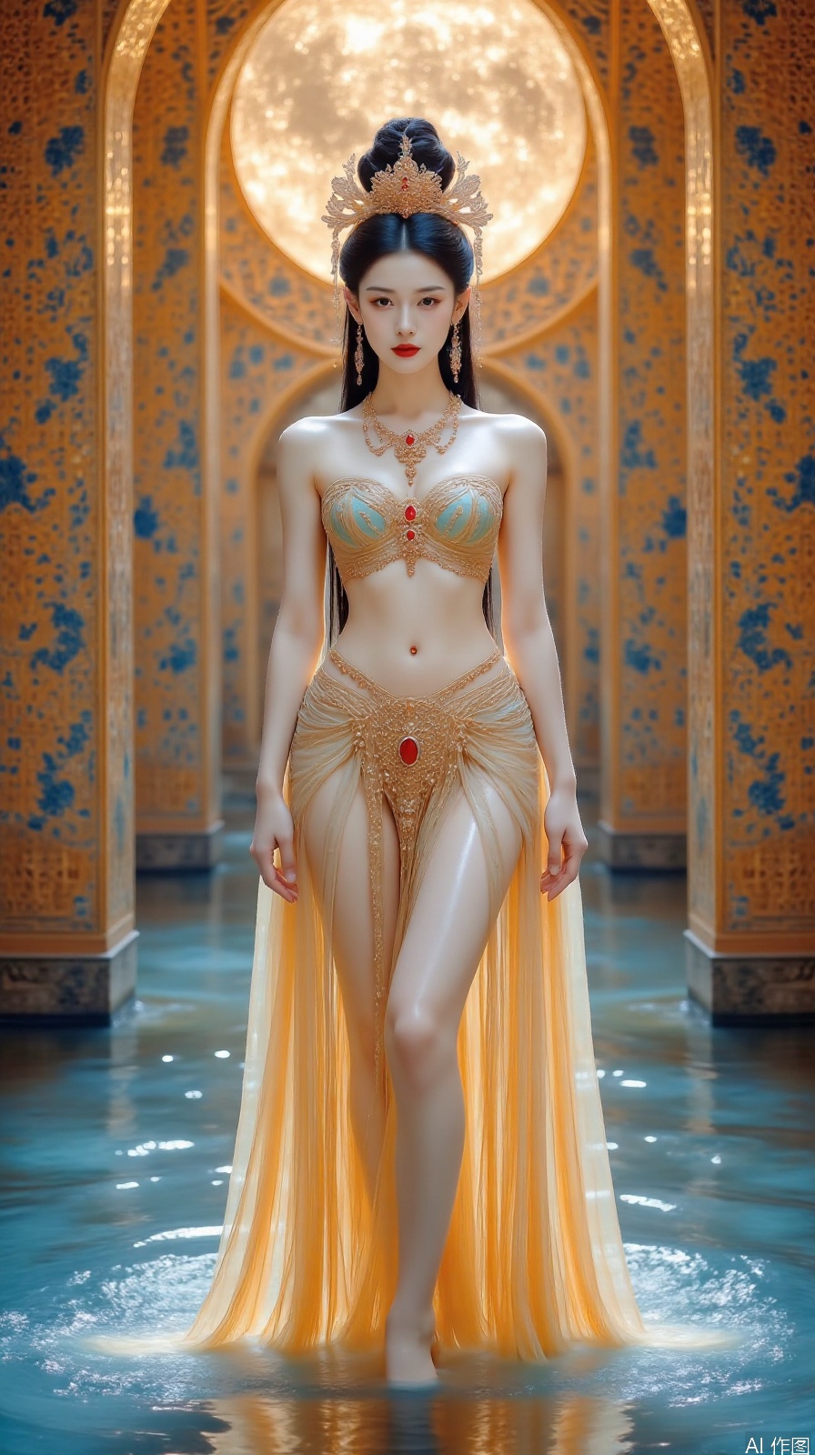 1girl,solo,long hair,breasts,looking at viewer,black hair,hair ornament,navel,bare shoulders,jewelry,standing,full body,earrings,barefoot,midriff,indoors,water,necklace,hair bun,see-through,bare legs,strapless,single hair bun,realistic,red lips