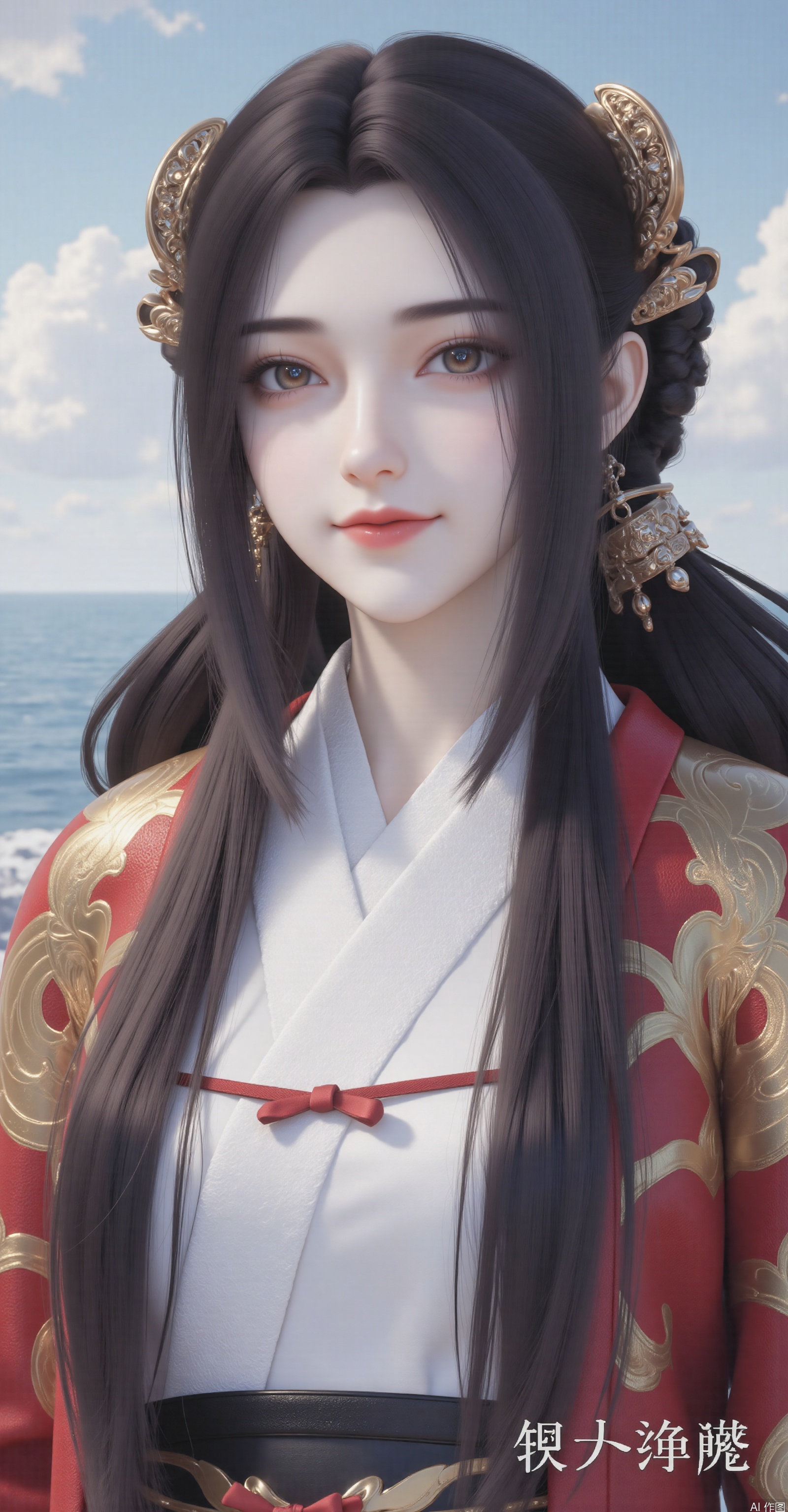 This is a highly detailed digital CGI image of a young woman with a serene expression. She has fair skin and delicate features, with large, almond-shaped eyes and a slight smile. Her long, straight black hair is styled in two elaborate braids, adorned with golden hairpins. She is wearing a traditional, intricate red and gold robe with a white undergarment visible at the collar, and a red ribbon tied at the waist. The robe has an ornate golden pattern that adds a touch of elegance. The background is a serene, calm blue sky with a few white clouds, and a body of water in the distance. The overall composition is balanced and harmonious, with a focus on the subject's ethereal beauty and the peacefulness of the surroundings. The image is framed with a simple, minimalist border, featuring Chinese characters in white text at the bottom right. The texture of the fabric is smooth and detailed, emphasizing the craftsmanship of the clothing.