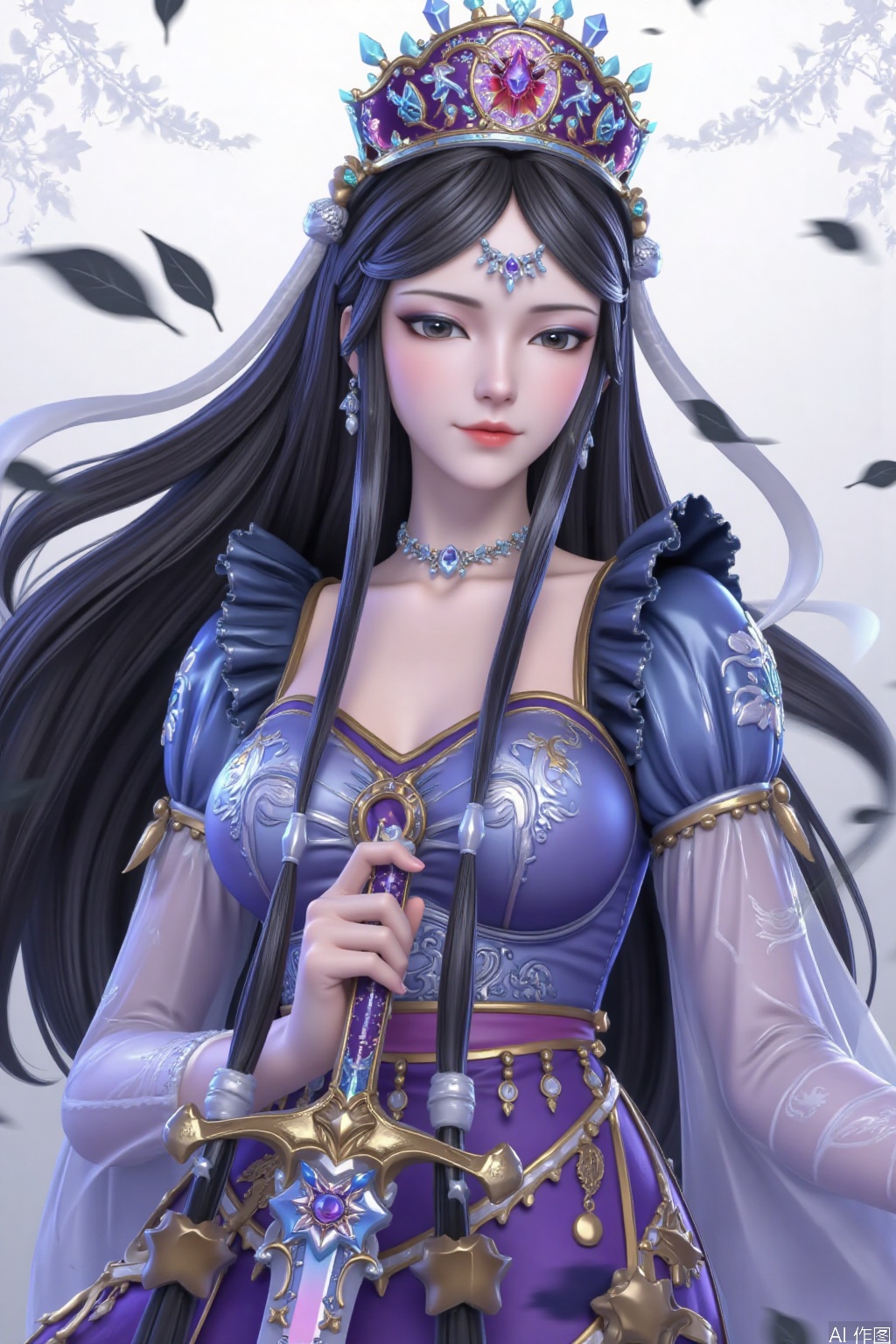 The image depicts a character with flowing black hair, wearing traditional clothes, including a complicated gold design. This character holds a sword with a delicate and gorgeous hilt, and black leaves are scattered around it, suggesting a dynamic or action-oriented scene. The background is a mixture of white and gray, with a faint leaf-like pattern, which increases the sense of depth and atmosphere. The expression of the character is focused and firm, which helps to give people the overall impression of readiness and strength.