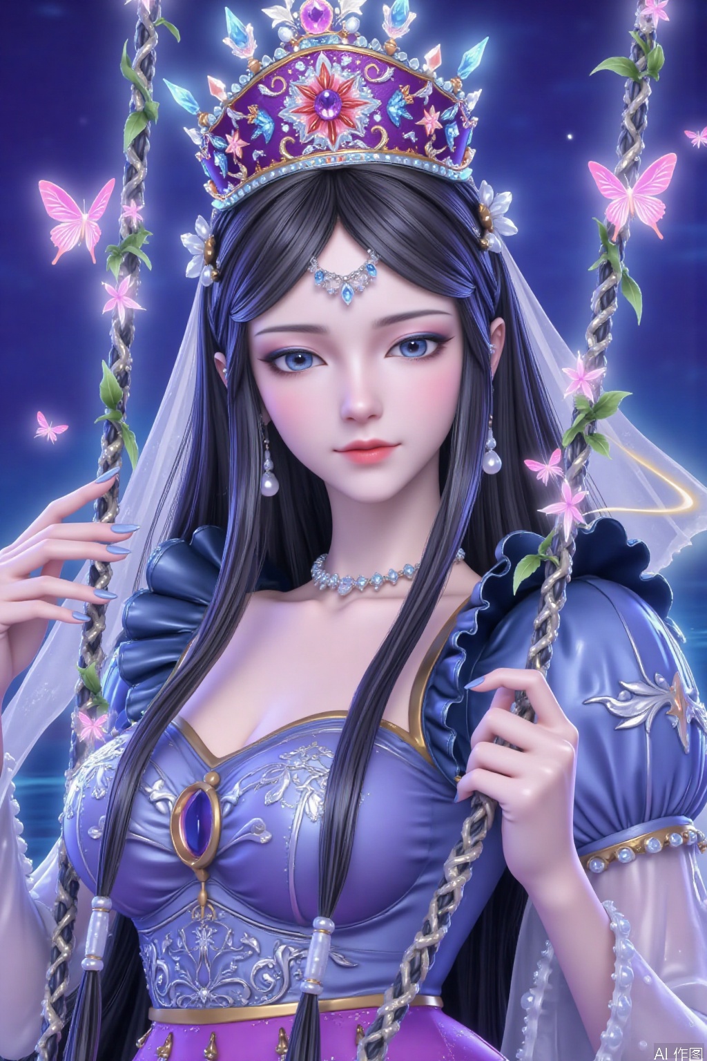 Black hair, whole body, long hair, sitting, clear crystal swing, the highest quality, exquisite CG, sitting swing wrapped in flowers and vines, water drops on hair, beautiful goddess, sparkling stars, close-ups, delicate face, delicate lips, delicate eyes, delicate nose, pink butterflies around, sparkling water drops around, glittering pink crystals, sparkling lake view,1 girl, solo, long hair, blue eyes, jewelry, necklace, nail polish, crown, gem, blue nail, pearl, black hair, little brown bear, dress, headdress, crown and veil.