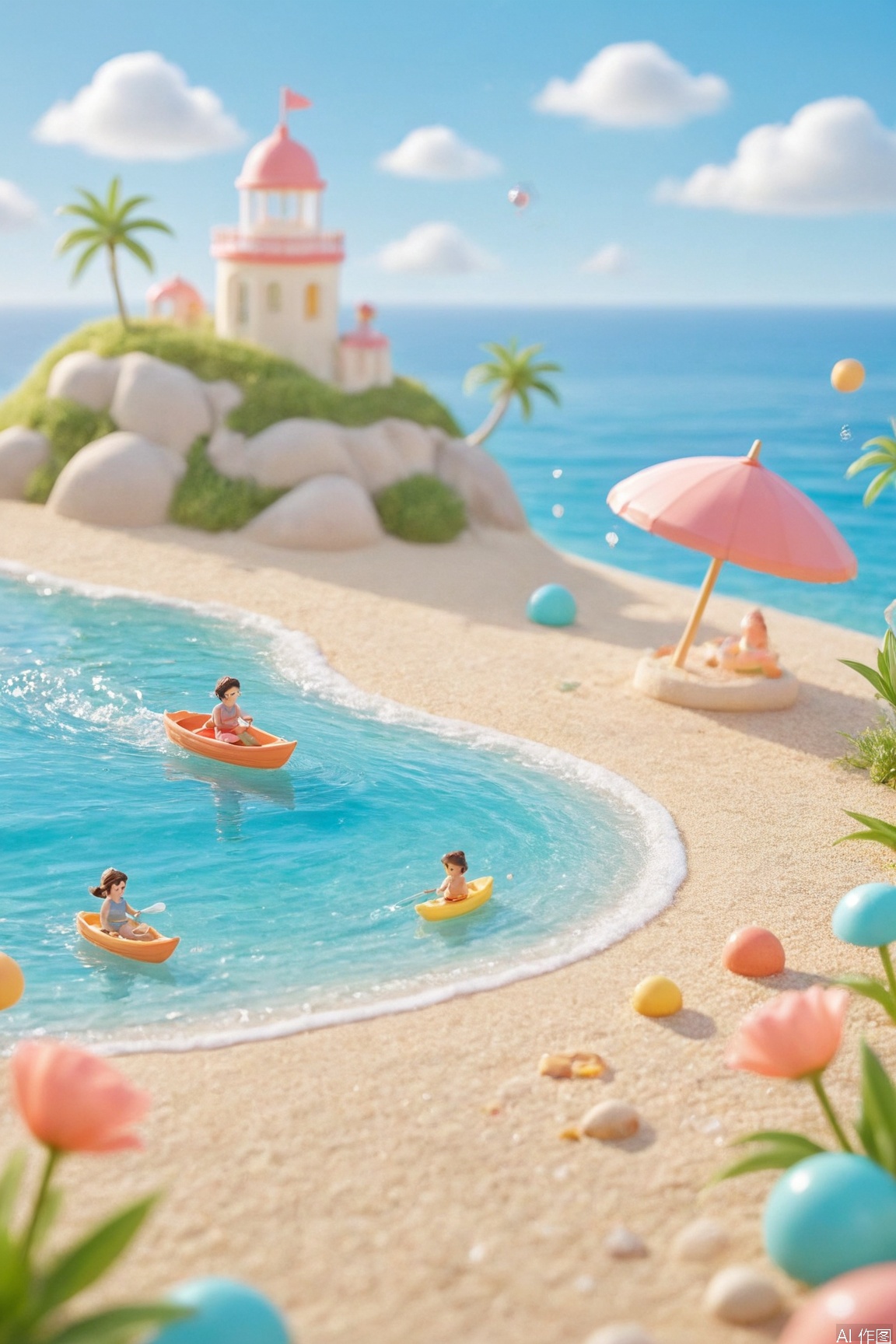 summer beach quest poster, 3D isometric perspective, vibrant tropical colors (aqua blue/sunset coral), curving shoreline with hidden treasure spots, sandy trail marked with beach buckets and parasols, cartoon explorers with snorkels and treasure maps, playful dolphins jumping waves, gradient ocean-blue backdrop, dynamic sunlight reflections, wide horizontal layout, nautical icons (anchor/nautical wheel), exploration milestone badges, golden hour glow, semi-flat design with texture layers, trending on Behance --ar 16:9 --v 6





