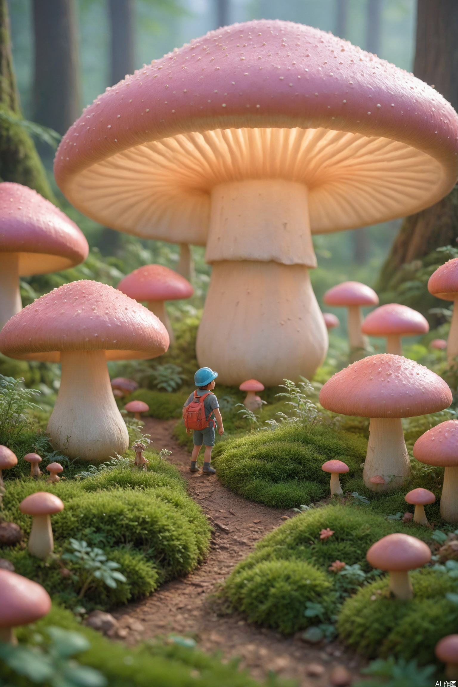 (Tiny people exploring giant mushrooms:1.3), miniature diorama style, tilt-shift effect with ultra detailed textures, soft global illumination and dramatic spotlighting, vibrant candy color palette with neon accents, extreme wide-angle composition with shallow depth of field, 8k resolution, trending on ArtStation,micro landscape