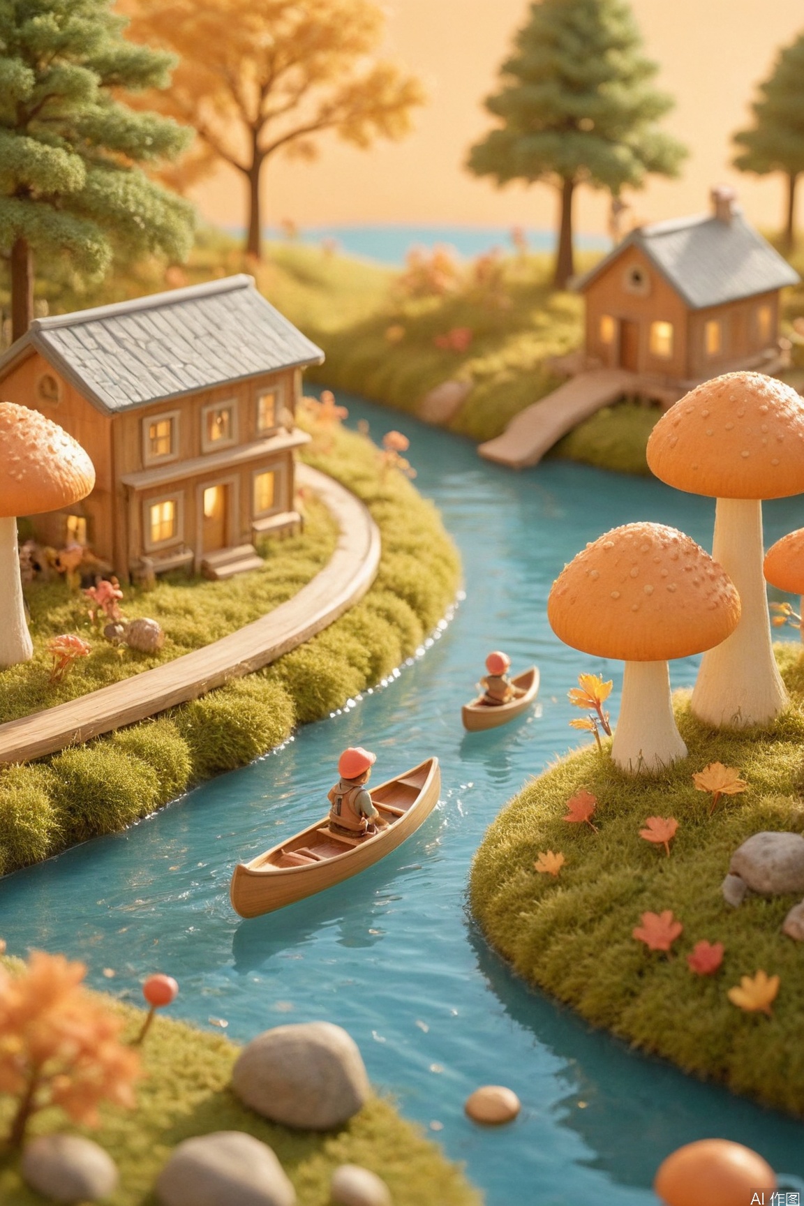 autumn treasure hunt poster, 3D isometric perspective, warm golden-orange palette, maple trees with falling leaves, meandering river with wooden rafts, campfire spots and lanterns along banks, chibi-style explorers canoeing, whimsical mushroom clusters, gradient amber sunset sky, dappled forest lighting, tall vertical layout, navigation symbols (treasure map/binoculars), RPG-style quest tracker, cozy campfire glow, semi-flat layered design, Behance featured style --ar 9:16 --v 6

