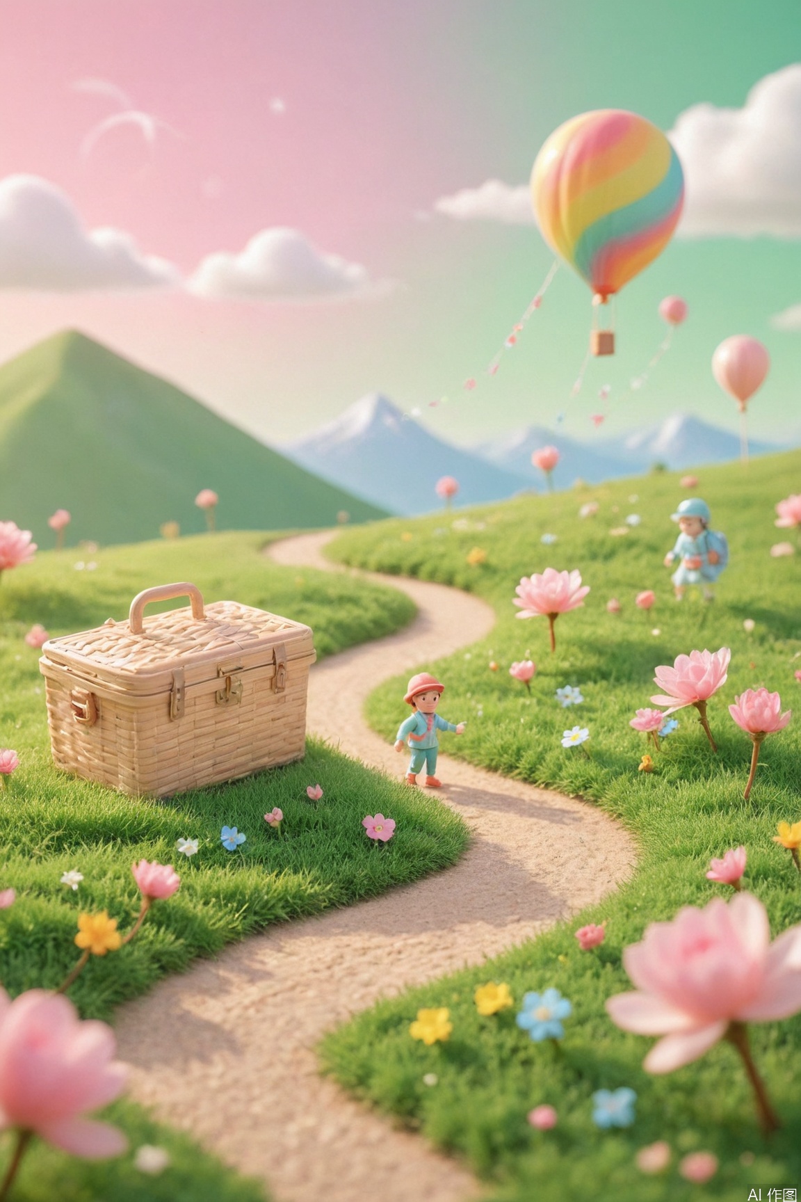 spring adventure map poster, 3D isometric view, vibrant spring colors, blooming cherry blossoms, winding path with checkpoints, picnic basket and kites along the route, cartoonish characters hiking, fluffy cloud shapes, gradient green background, soft lighting, long vertical composition, travel icons (compass/camera), game-style progress bar, warm sunshine glow, flat design with depth, trending on Dribbble --ar 9:16 --v 6,
