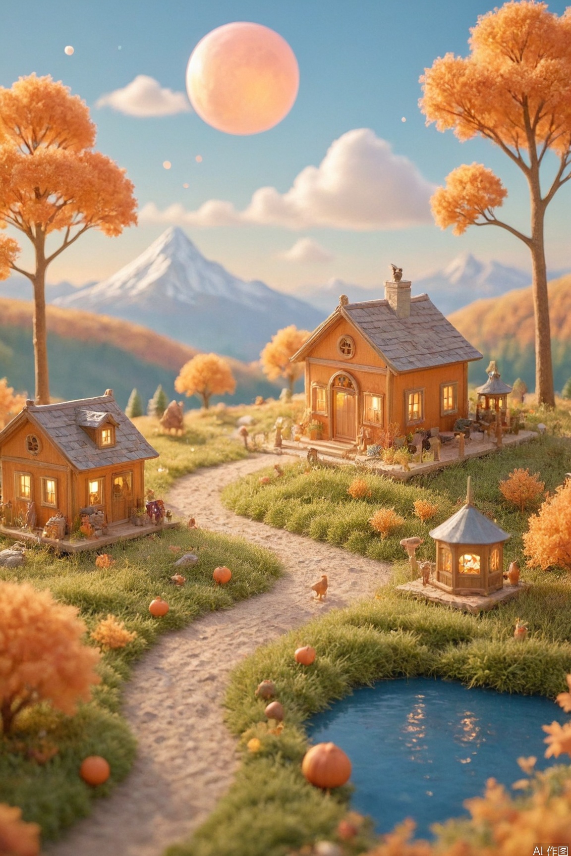 autumn exploration trail poster, 3D isometric perspective, warm amber and crimson palette, fluttering maple leaves canopy, meandering dirt trail with glowing pumpkin checkpoints, rustic wooden signposts and cozy campfire spots, cartoon animals gathering acorns, swirling wind-blown foliage patterns, gradient burnt orange to midnight blue sky, golden hour backlighting, vertical scroll layout, adventure tools (lantern/map), level-up styled leaf collection meter, misty mountain silhouettes, textured papercut layers with subtle shadows, Dribbble-friendly modern illustration, glowing harvest moon accents, flat-design with dimensional elements --ar 9:16 --v 6








