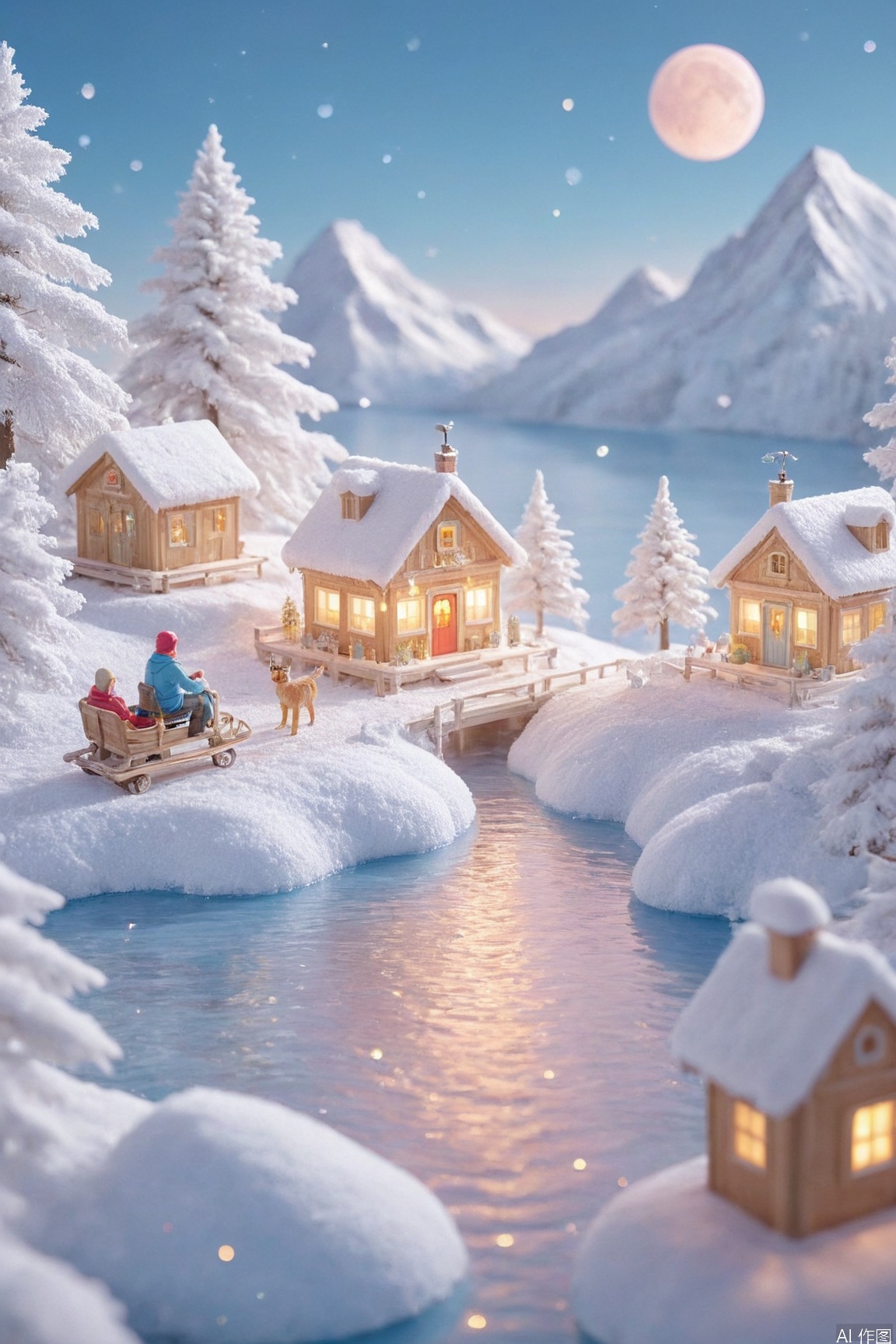 winter adventure map poster, 3D isometric view, frosty cool tones with pops of crimson/warm gold, snow-capped pine trees and frozen lakes, zigzagging trail with cozy checkpoints (bonfire spots/hot cocoa stands), sleds and wool scarves along the path, cartoon characters ice-skating/skiing, delicate snowflake clusters, gradient twilight-blue background, ethereal moon glow, tall vertical layout, winter activity icons (mitten/thermos), quest-style achievement badges, soft crystalline textures, flat layers with dimensional shadows, trending on ArtStation --ar 9:16 --v 6


