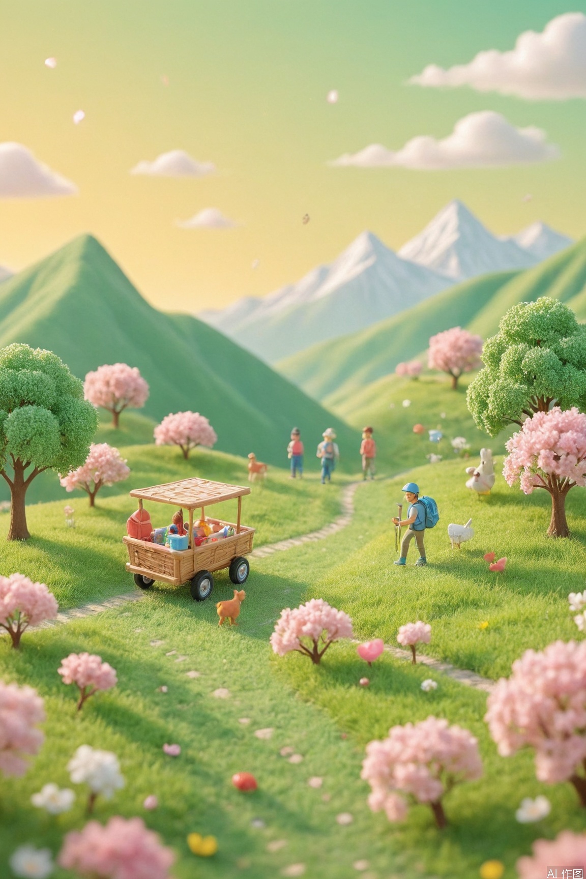 spring adventure map poster, 3D isometric view, vibrant spring colors, blooming cherry blossoms, winding path with checkpoints, picnic basket and kites along the route, cartoonish characters hiking, fluffy cloud shapes, gradient green background, soft lighting, long vertical composition, travel icons (compass/camera), game-style progress bar, warm sunshine glow, flat design with depth, trending on Dribbble --ar 9:16 --v 6,
