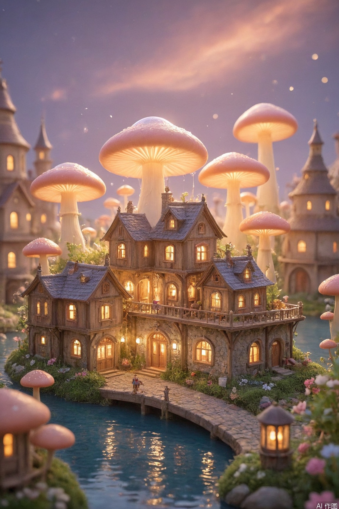 A magical town with glowing mushroom houses, miniature cobblestone streets, tiny floating airships, soft twilight lighting, sparkling fairy dust particles


