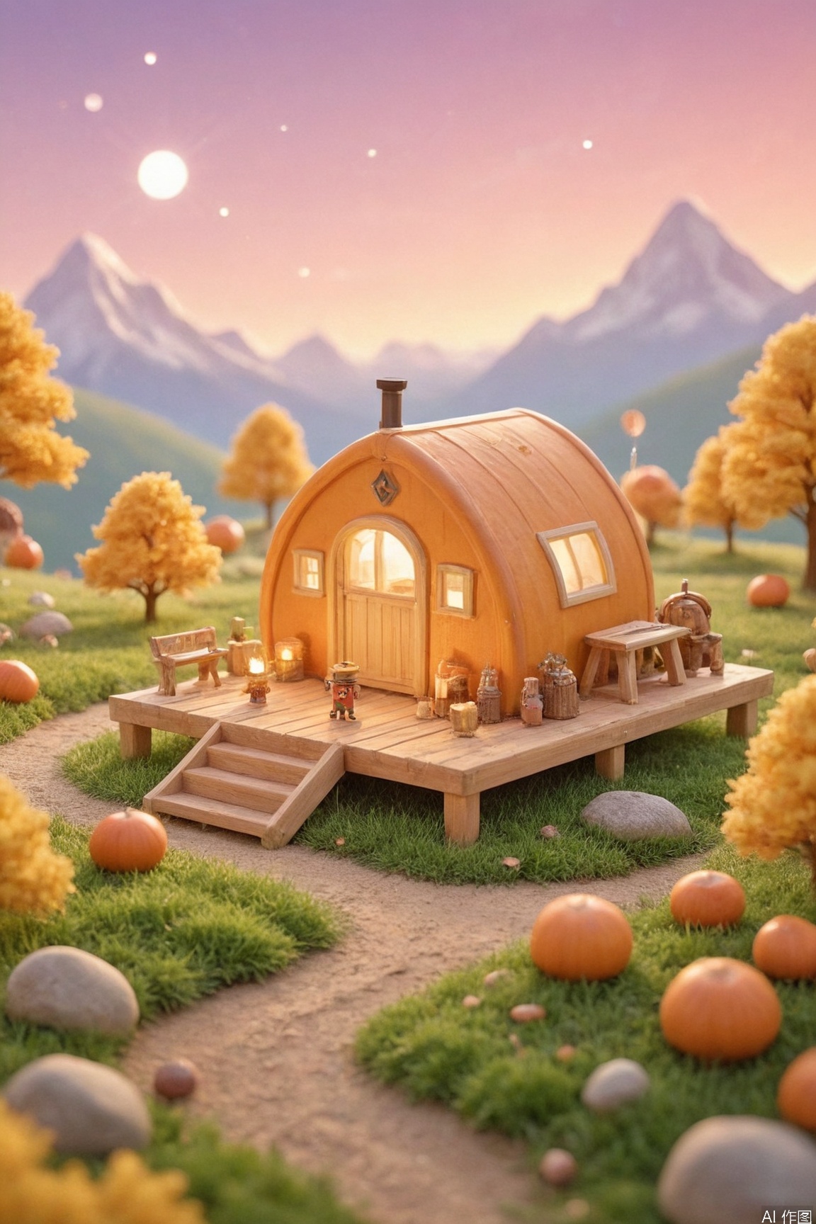 autumn quest game interface poster, 3D isometric perspective, warm golden-orange palette, swirling maple leaves, elevated wooden trail with achievement badges, camping tents and lanterns along the path, chibi-style explorers with backpacks, stylized animal-shaped clouds, gradient amber sunset backdrop, dramatic rim lighting, ultra-wide horizontal layout, exploration tools (binoculars/map), RPG-style XP meter, cozy campfire illumination, semi-flat design with layered textures, Behance featured design trend --ar 16:9 --v 6,micro landscape