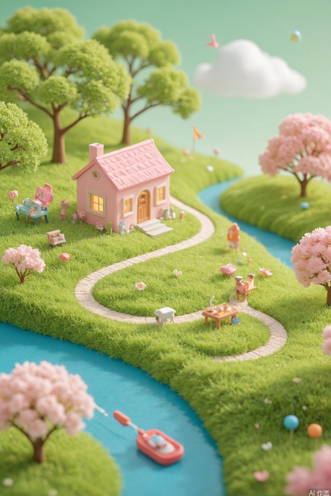 spring adventure map poster, 3D isometric view, vibrant spring colors, blooming cherry blossoms, winding path with checkpoints, picnic basket and kites along the route, cartoonish characters hiking, fluffy cloud shapes, gradient green background, soft lighting, long vertical composition, travel icons (compass/camera), game-style progress bar, warm sunshine glow, flat design with depth, trending on Dribbble --ar 9:16 --v 6,
