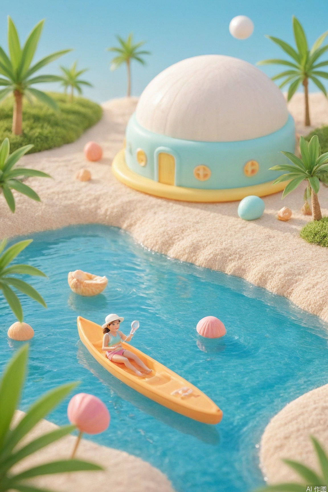summer island quest poster, 3D isometric perspective, tropical color palette with turquoise and coral accents, swaying palm trees with coconuts, sandy trail marked with seashell checkpoints, snorkel gear and inflatable flamingos along the shore, chibi-style explorers building sandcastles, cumulus clouds shaped like sea creatures, ombré ocean-blue background, golden hour illumination, ultra-wide horizontal layout, vacation symbols (sunhat/binoculars), nautical-themed progress meter with sailboat indicators, radiant sunset halo, minimalist layers with dimensional textures, Behance-featured design style --ar 16:9 --v 6

