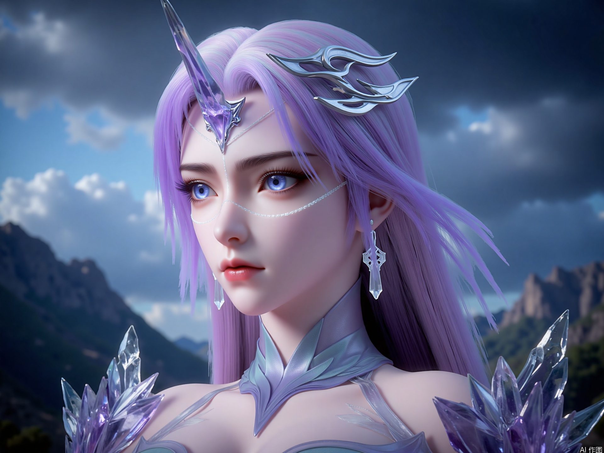 Zichu-yueliu, The image depicts a character with long, flowing hair that transitions from a light purple to a darker shade. The hair is adorned with metallic, angular accessories that resemble horns or antlers. The character's attire appears to be intricate and possibly armor-like, with a prominent crystalline structure on the shoulder area. The background is a blurred, atmospheric scene with a dark, cloudy sky and hints of mountains or cliffs, giving a mystical and ethereal feel.