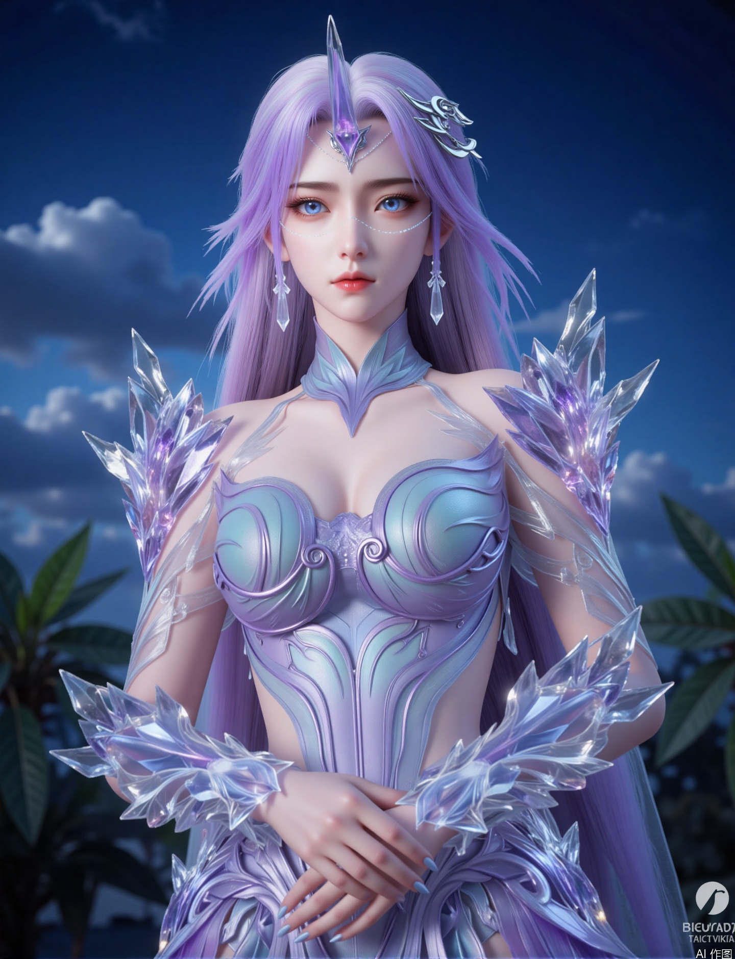 Zichu-yueliu, this image describes a woman with long fluttering purple hair, a full body shot of her with light blue eyes and pink lips, a silver headdress and a gem crystal structure on her head, as well as this facial decoration and crystal earrings,Wearing in complex and ethereal armor, the arm presents a mixed tone of light blue and purple, with a central ornate design on the chest. Large crystal structures on the shoulders and arms are decorated with transparent and shiny structures, giving the appearance of ice or crystal
The background is the sky at night, with some clouds and green plants, the main body of the character is prominent, and the light shines on the character, creating a fantasy and mysterious atmosphere as a whole.