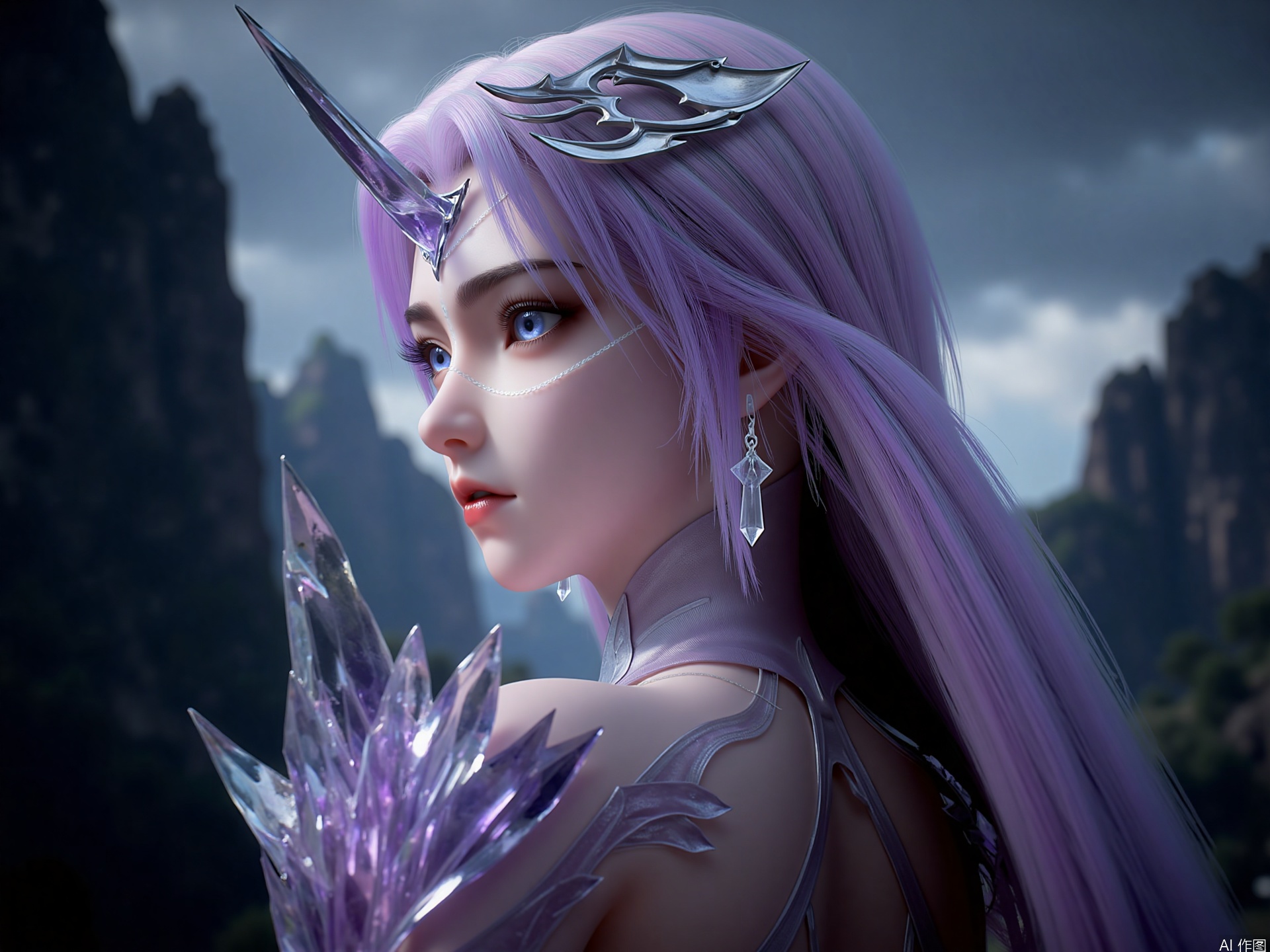 Zichu-yueliu, this image depicts a character with long flowing hair transitioning from light purple to dark. The hair is decorated with metal angular accessories that resemble horns or antlers. The character's costume looks complicated, probably like armor, with a prominent crystal structure in the shoulder area.
This is her back perspective, looking back at the camera
The background is a vague and atmospheric scene, with the sky dark and cloudy, suggesting mountains or cliffs, giving people a mysterious and ethereal feeling.