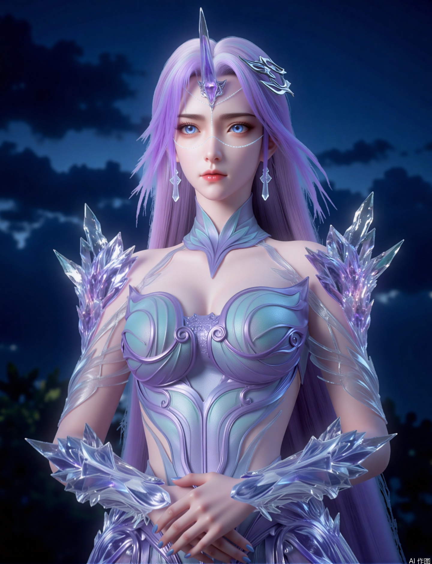 Zichu-yueliu, this image describes a woman with long fluttering purple hair, a full body shot of her with light blue eyes and pink lips, a silver headdress and a gem crystal structure on her head, as well as this facial decoration and crystal earrings,Wearing in complex and ethereal armor, the arm presents a mixed tone of light blue and purple, with a central ornate design on the chest. Large crystal structures on the shoulders and arms are decorated with transparent and shiny structures, giving the appearance of ice or crystal
The background is the sky at night, with some clouds and green plants, the main body of the character is prominent, and the light shines on the character, creating a fantasy and mysterious atmosphere as a whole.