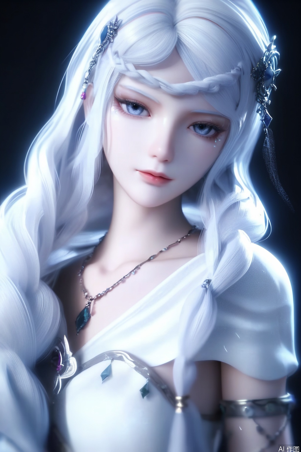 score_9,score_8_up,score_7_up,1girl,solo,looking at viewer,long hair,dress,hair ornament,jewelry,necklace,very long hair,braid,white hair,necklace,white dress,bracelet,portrait,pov,black background,simple background,3d