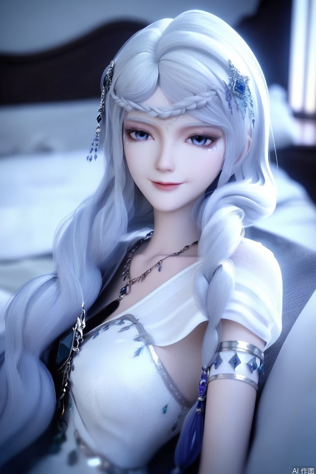 score_9,score_8_up,score_7_up,1girl,solo,looking at viewer,long hair,dress,hair ornament,jewelry,necklace,very long hair,braid,white hair,necklace,white dress,bracelet,indoors,smile,bed,3d,lying