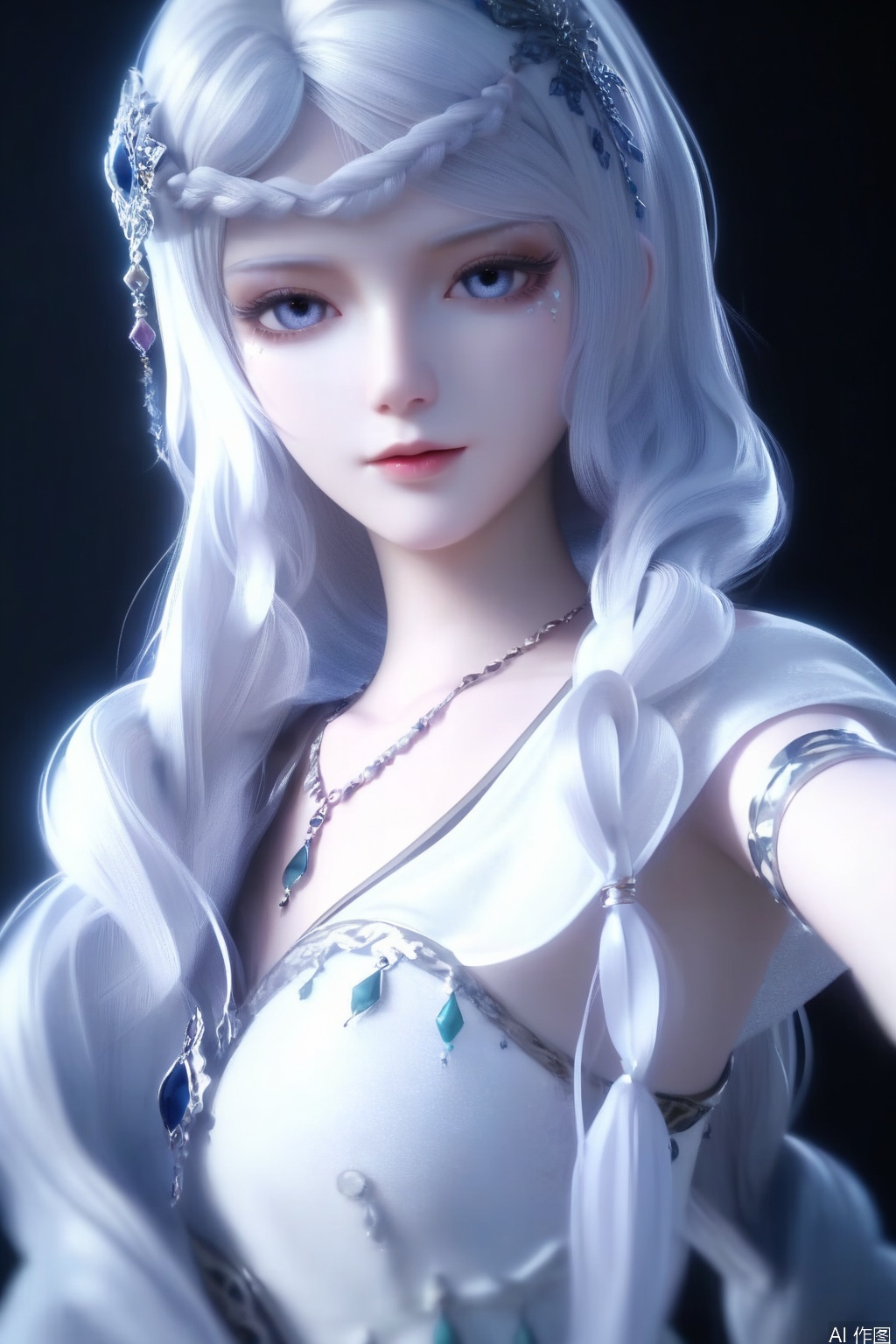 score_9,score_8_up,score_7_up,1girl,solo,looking at viewer,long hair,dress,hair ornament,jewelry,necklace,very long hair,braid,white hair,necklace,white dress,bracelet,portrait,pov,black background,simple background,3d