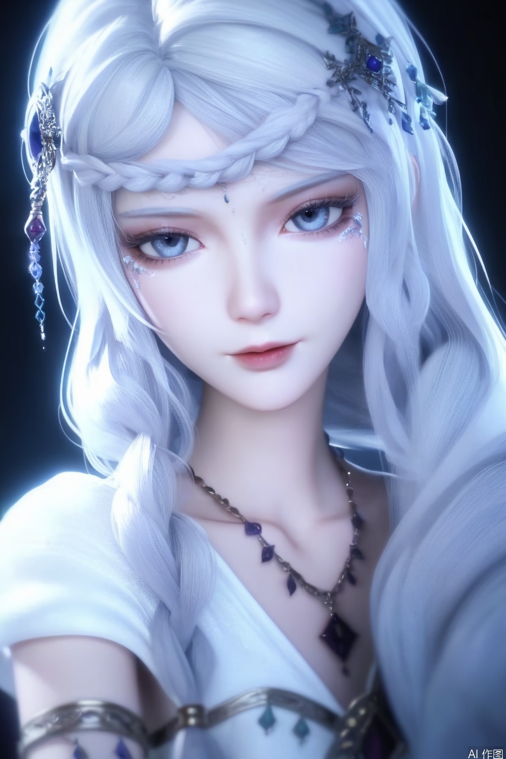 score_9,score_8_up,score_7_up,1girl,solo,looking at viewer,long hair,dress,hair ornament,jewelry,necklace,very long hair,braid,white hair,necklace,white dress,bracelet,portrait,pov,black background,simple background,3d