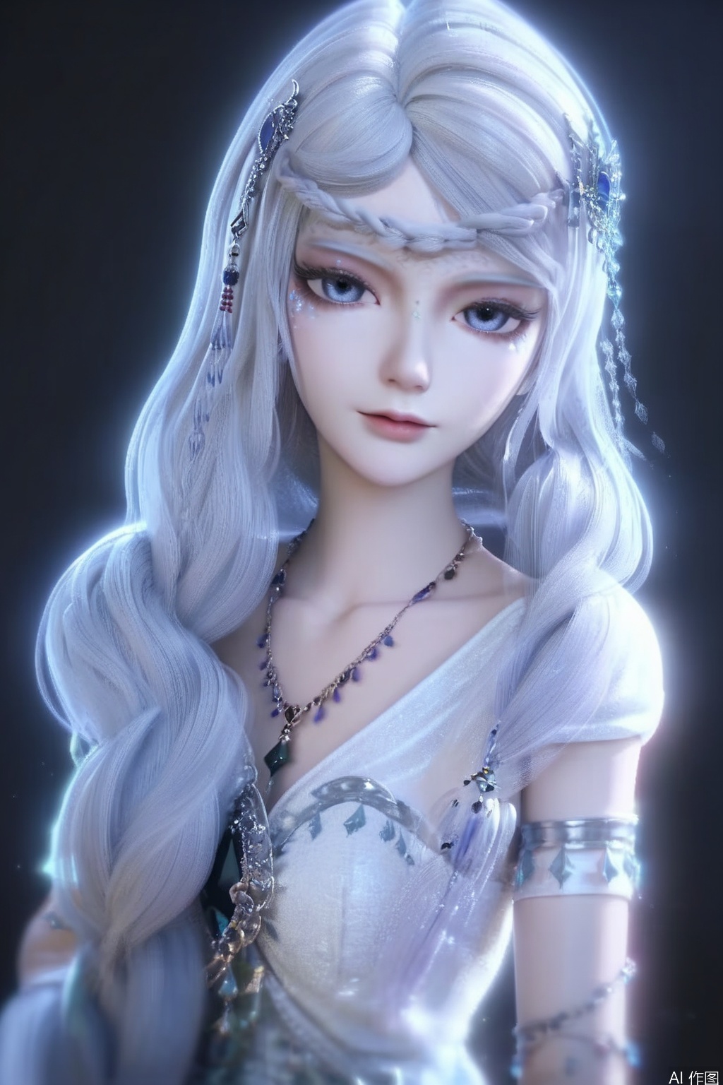 score_9,score_8_up,score_7_up,1girl,solo,looking at viewer,long hair,dress,hair ornament,jewelry,necklace,very long hair,braid,white hair,necklace,white dress,bracelet,portrait,pov,black background,simple background,3d