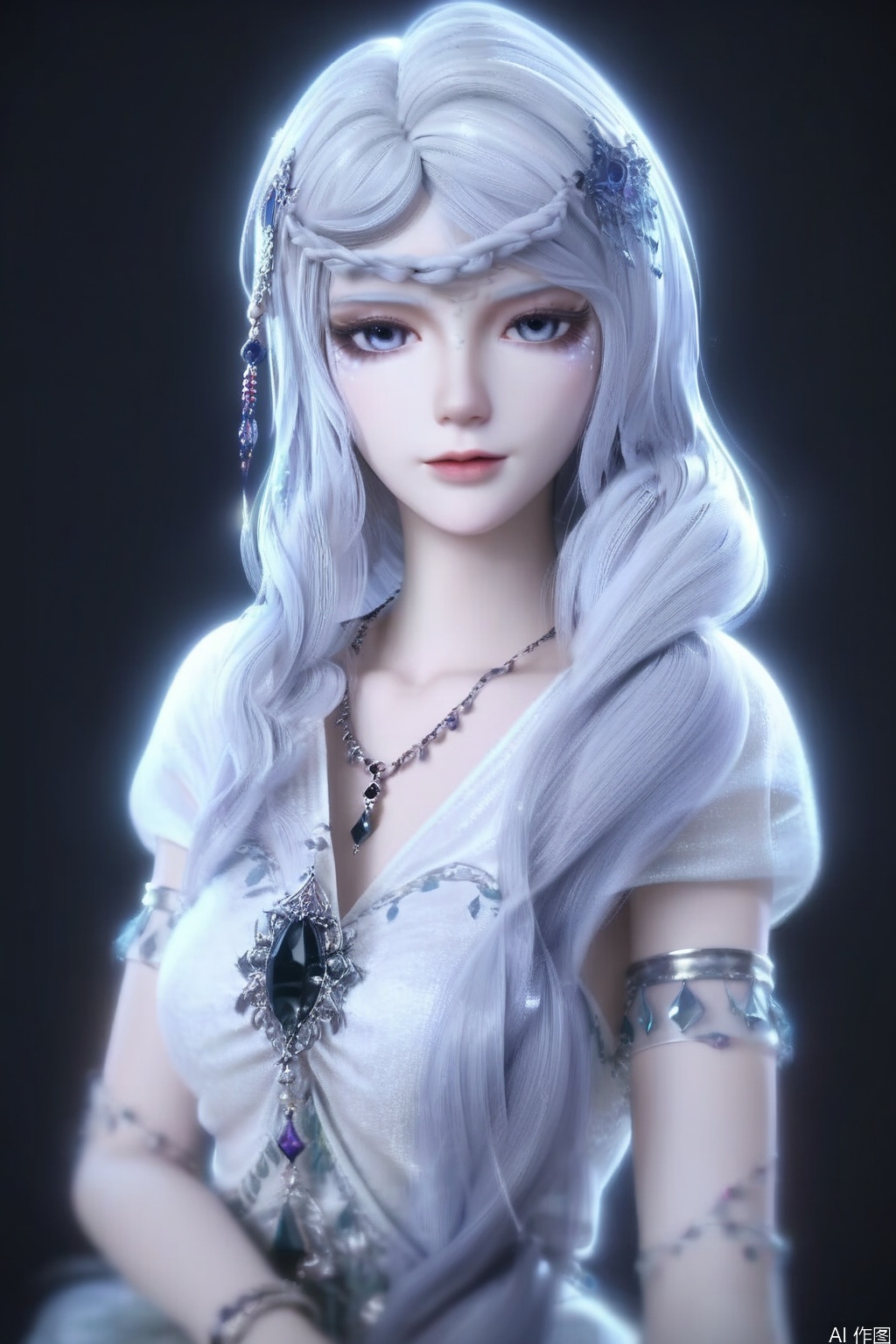 score_9,score_8_up,score_7_up,1girl,solo,looking at viewer,long hair,dress,hair ornament,jewelry,necklace,very long hair,braid,white hair,necklace,white dress,bracelet,portrait,pov,black background,simple background,3d