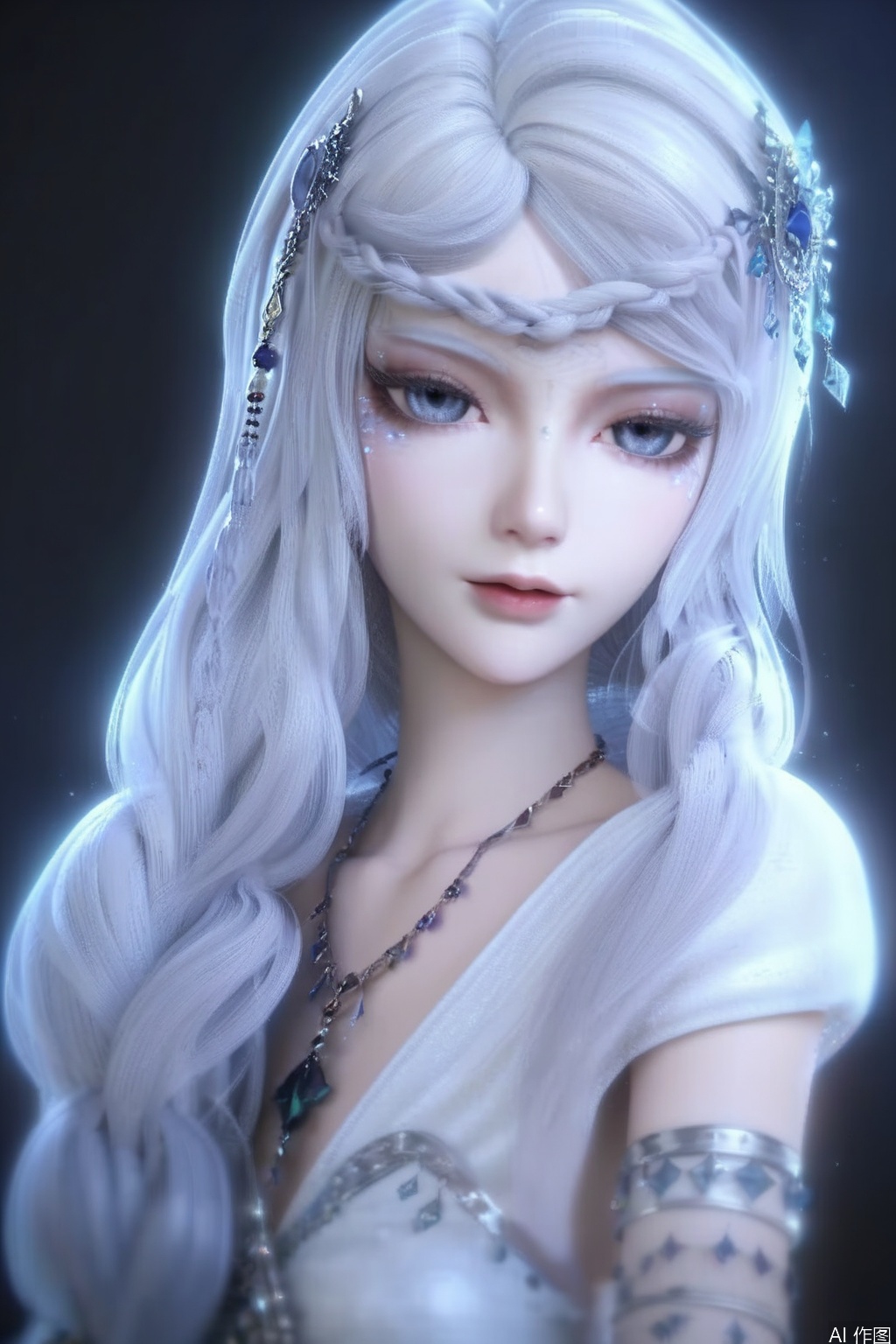 score_9,score_8_up,score_7_up,1girl,solo,looking at viewer,long hair,dress,hair ornament,jewelry,necklace,very long hair,braid,white hair,necklace,white dress,bracelet,portrait,pov,black background,simple background,3d