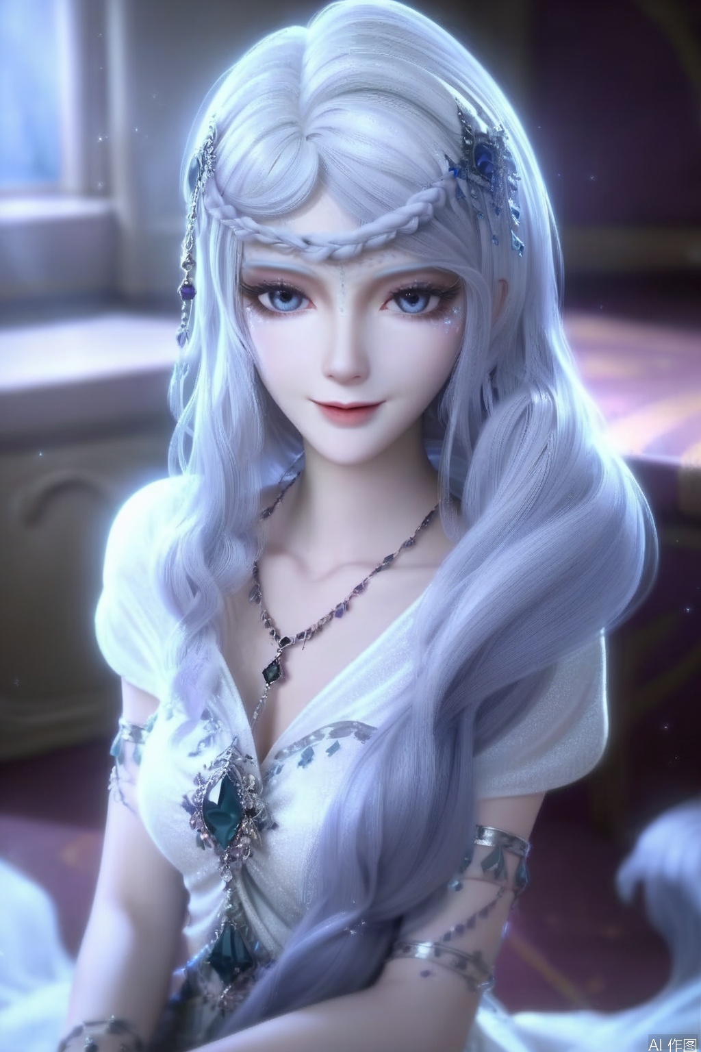 score_9,score_8_up,score_7_up,1girl,solo,looking at viewer,long hair,dress,hair ornament,jewelry,necklace,very long hair,braid,white hair,necklace,white dress,bracelet,indoors,smile,modern