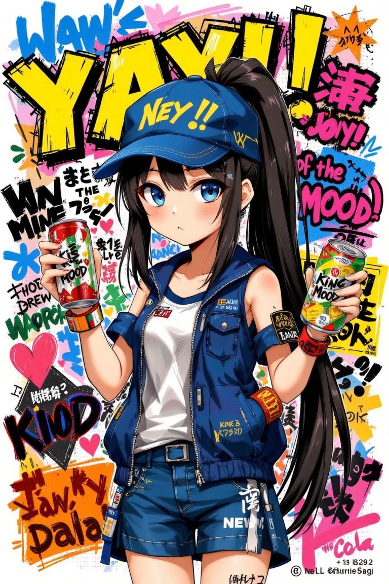The image features a vibrant and colorful anime-style character with long black hair tied into a ponytail. She is wearing...