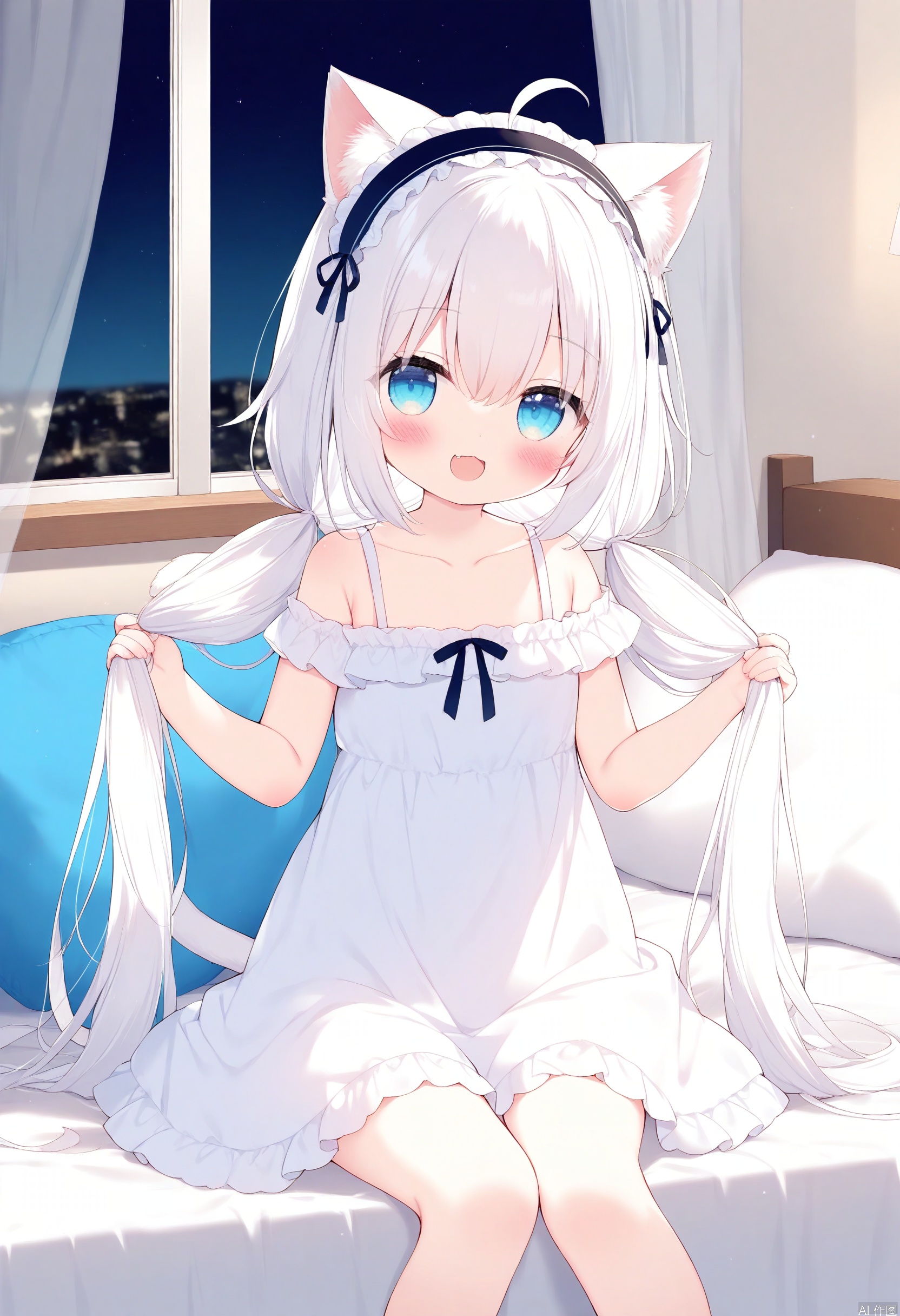 1girl, solo, long hair, looking at viewer, blush, smile, open mouth, bangs, blue eyes, dress, animal ears, hair between eyes, bare shoulders, twintails, sitting, very long hair, collarbone, tail, ahoge, white hair, :d, hairband, frills, sky, fang, indoors, cat ears, off shoulder, white dress, cat tail, animal ear fluff, pillow, hands up, window, bed, night, sleeveless dress, feet out of frame, low twintails, on bed, frilled dress, cat girl, curtains, night sky, holding hair, frilled hairband
