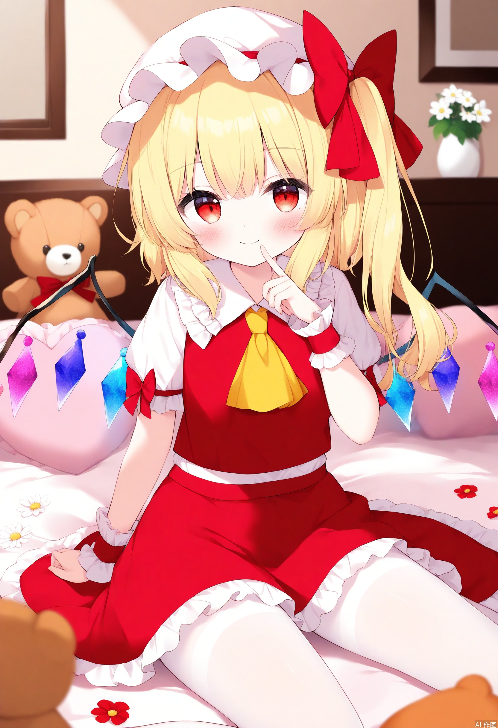 1girl, flandre scarlet, solo, red skirt, red vest, blonde hair, hat, mob cap, red eyes, vest, yellow ascot, wings, skirt, ascot, frills, short sleeves, frilled shirt collar, teddy bear, wrist cuffs, stuffed toy, puffy short sleeves, stuffed animal, looking at viewer, puffy sleeves, white headwear, sitting, crystal, shirt, one side up, finger to mouth, white shirt, pantyhose, bow, white pantyhose, indoors, smile, skirt set, bangs, red ribbon, frilled skirt, flower, on bed, red bow, bed, hat ribbon, long hair, ribbon, petticoat, white flower, blurry, hand up
