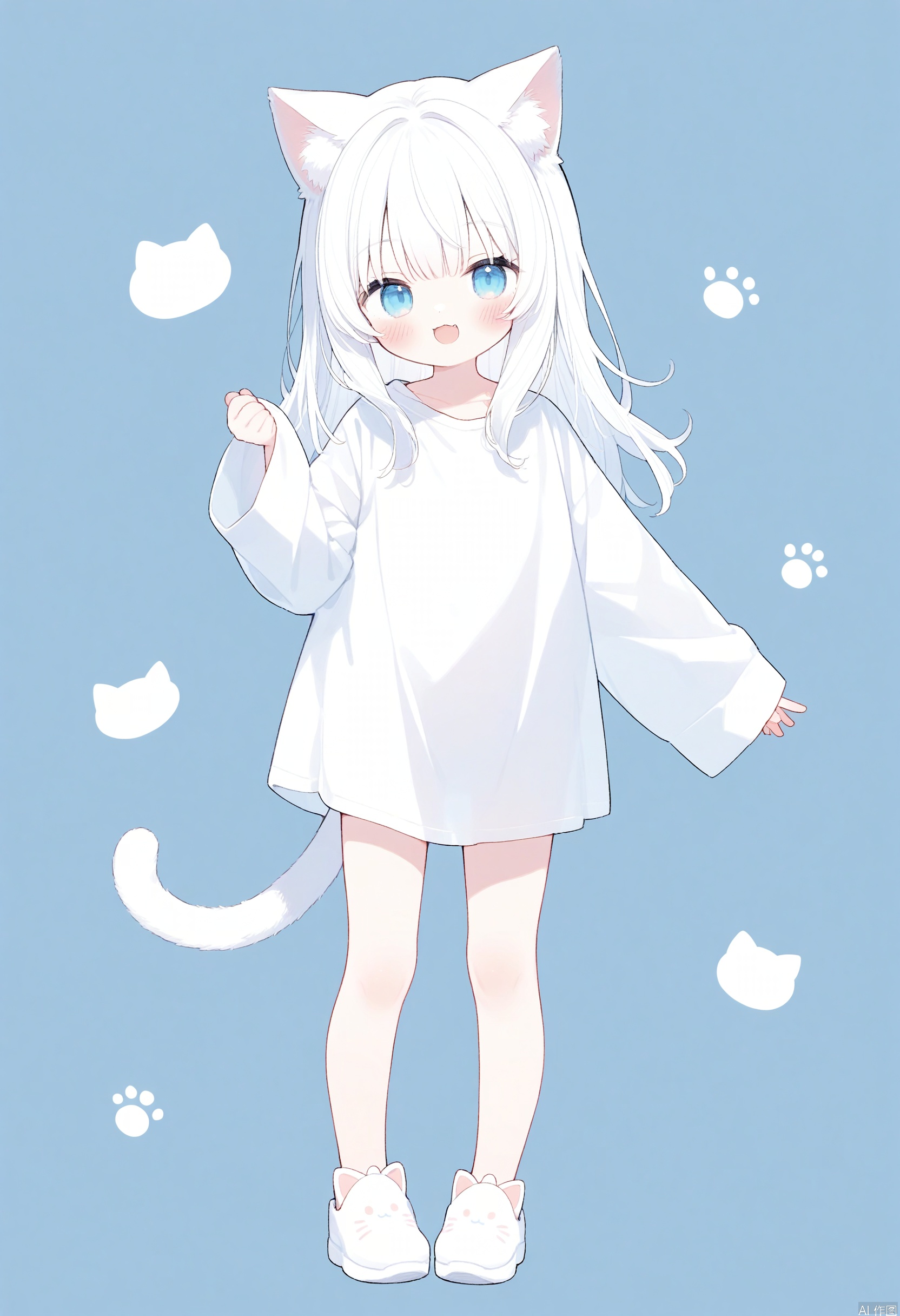 1girl, animal ears, tail, blue eyes, cat ears, solo, white hair, cat tail, cat girl, smile, full body, white footwear, long hair, looking at viewer, long sleeves, open mouth, bangs, shoes, cat shoes, :d, oversized shirt, blush, simple background, standing, animal ear fluff, cat pattern
