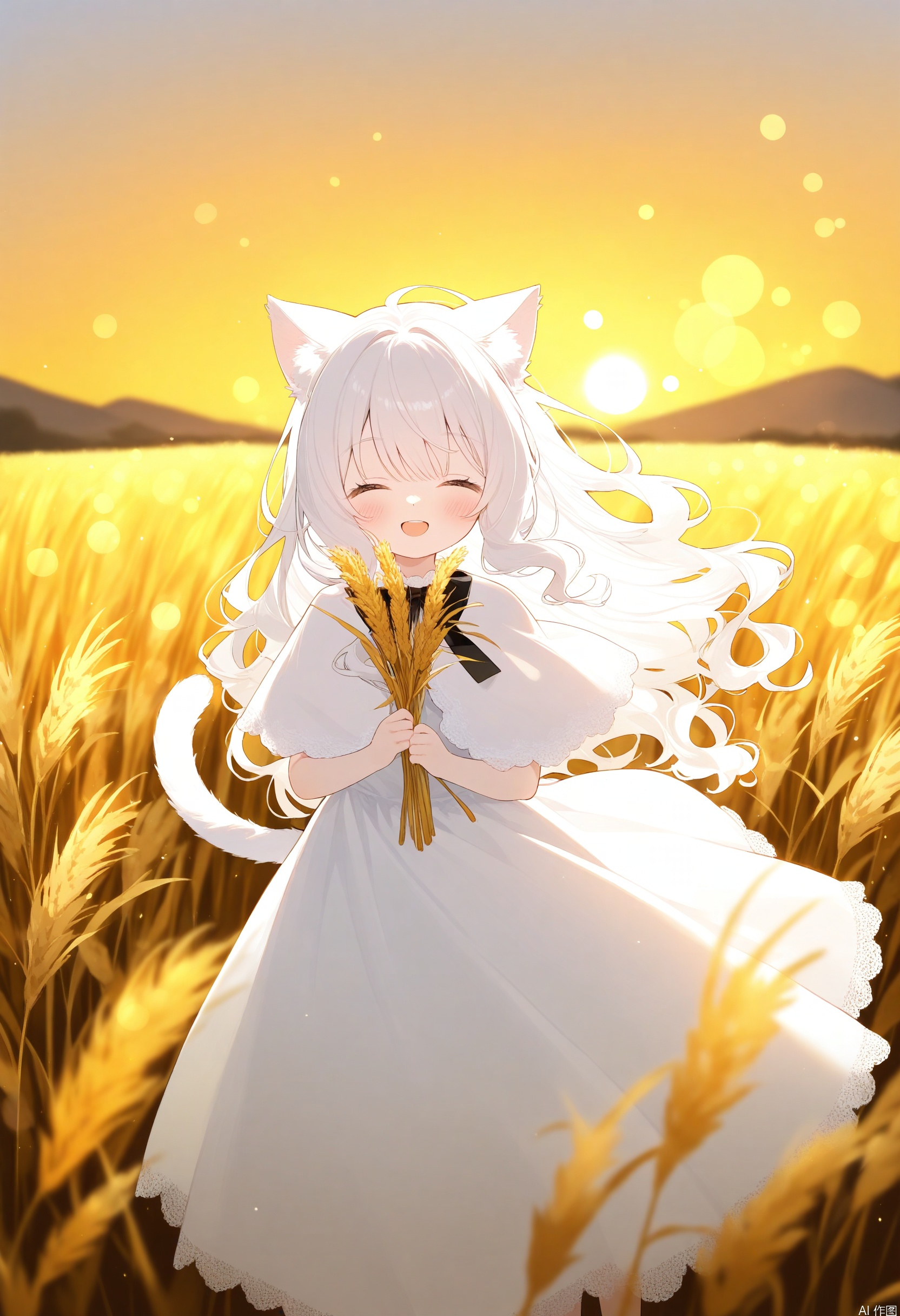 from above, 1girl, loli, (solo), catgirl, cat ears, white hair, cat tail, closed eyes, (smile), open mouth, skirt, white dress, white capelet, long hair, wavy hair, fluffy hair, bow, black bow, blush, capelet, lace trim, sunset, long dress, dusk, scenery, gold sky, high place, horizon, wheat field, wheat ears, wind, wind blow, looking at viewer, (depth of field), bokeh, holding a wheat ears, holding, tail, outdoors, feet out of frame, animal ears, ^ ^
