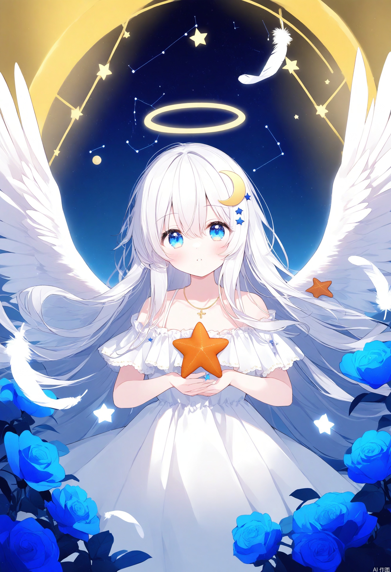 english text,watermark,1girl, angel, angel_wings, blue_eyes, blue_flower, constellation, crescent, cross, dress, feathered_wings, flower, hair_between_eyes, hair_ornament, halo, long_hair, looking_at_viewer, planet, solo, star_\(sky\), star_\(symbol\), star_hair_ornament, star_print, starfish, starry_background, starry_sky, very_long_hair, white_feathers, white_hair, white_wings, wings
