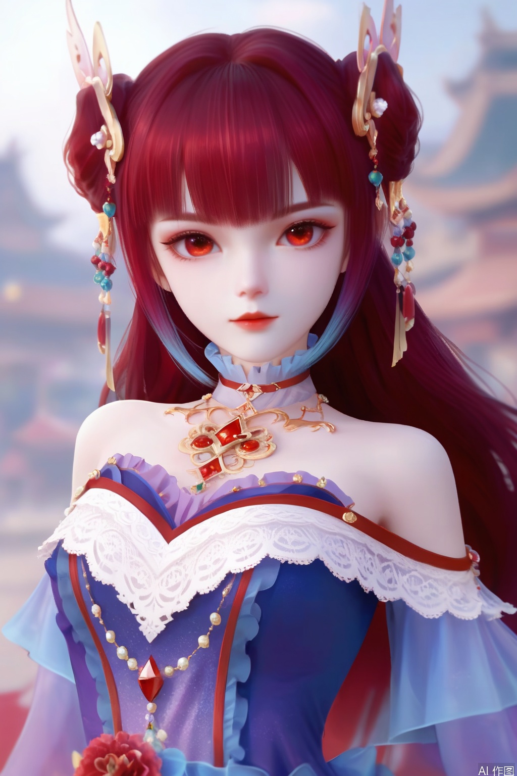 score_9,score_8_up,score_7_up,1girl,solo,long hair,looking at viewer,bangs,brown hair,red hair,hair bun,hair ornament,red eyes,dress,bare shoulders,jewelry,purple hair,choker,gloves,blurry background,simple background,white skin,