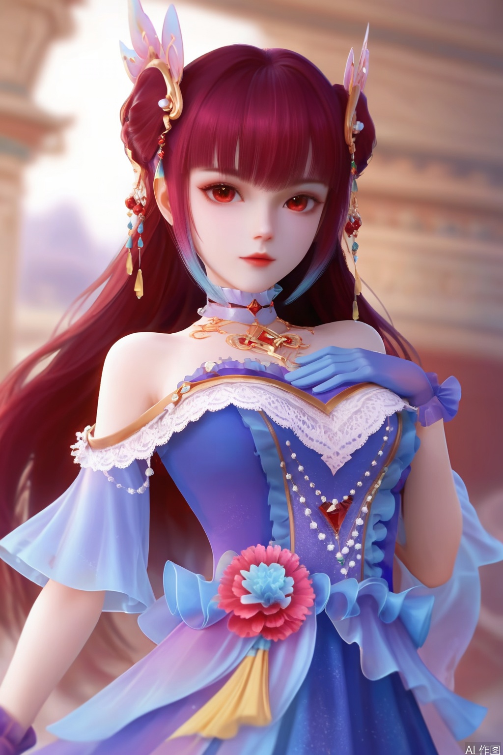 score_9,score_8_up,score_7_up,1girl,solo,long hair,looking at viewer,bangs,brown hair,red hair,hair bun,hair ornament,red eyes,dress,bare shoulders,jewelry,purple hair,choker,gloves,blurry background,simple background,white skin,hand on own chest,