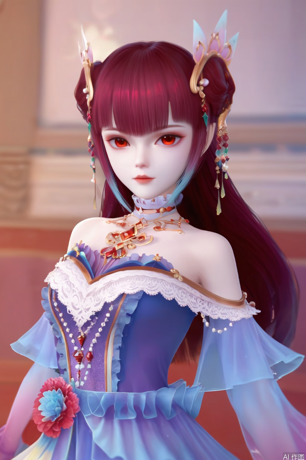 score_9,score_8_up,score_7_up,1girl,solo,long hair,looking at viewer,bangs,brown hair,red hair,hair bun,hair ornament,red eyes,dress,bare shoulders,jewelry,purple hair,choker,gloves,blurry background,simple background,white skin,