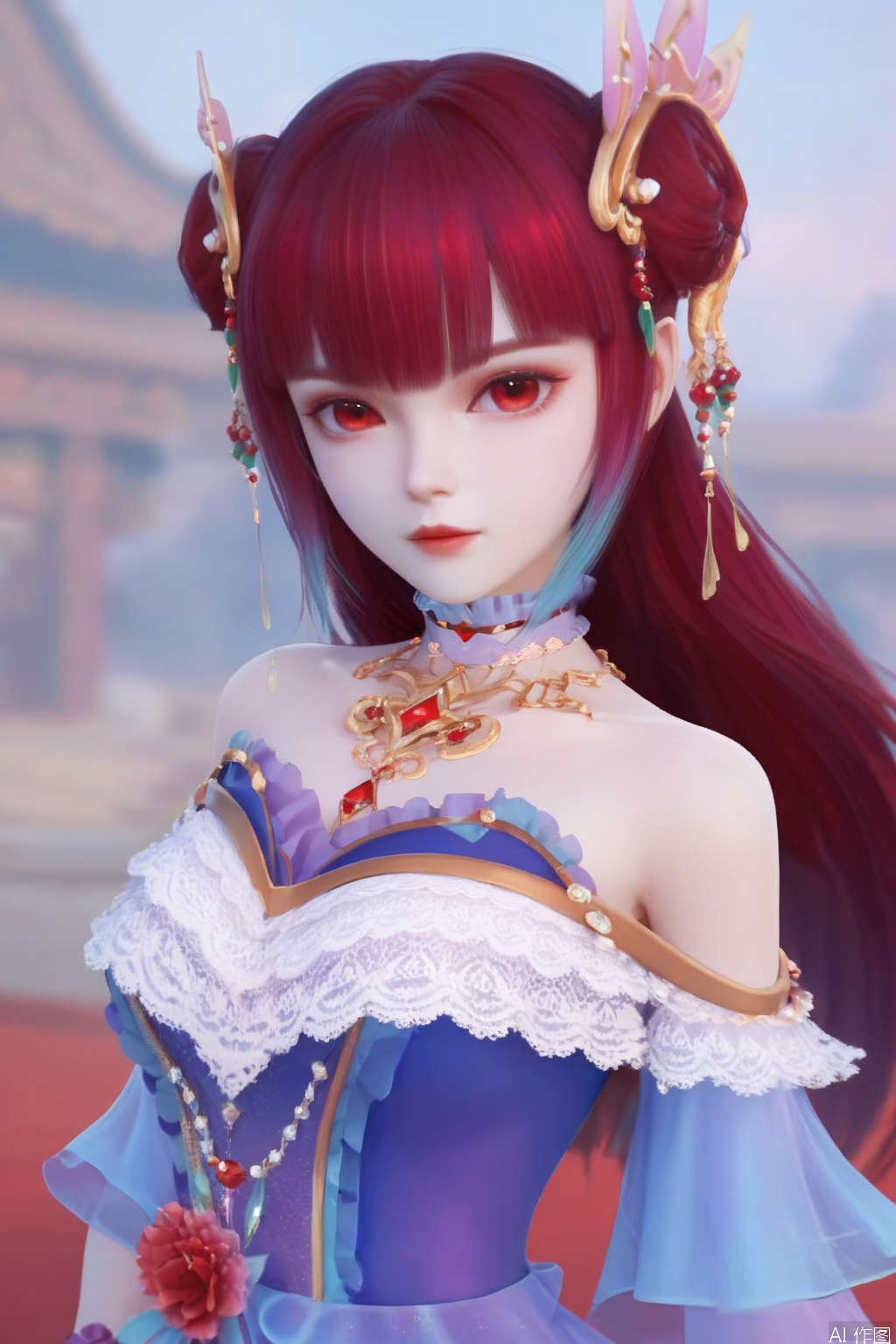score_9,score_8_up,score_7_up,1girl,solo,long hair,looking at viewer,bangs,brown hair,red hair,hair bun,hair ornament,red eyes,dress,bare shoulders,jewelry,purple hair,choker,gloves,blurry background,simple background,white skin,