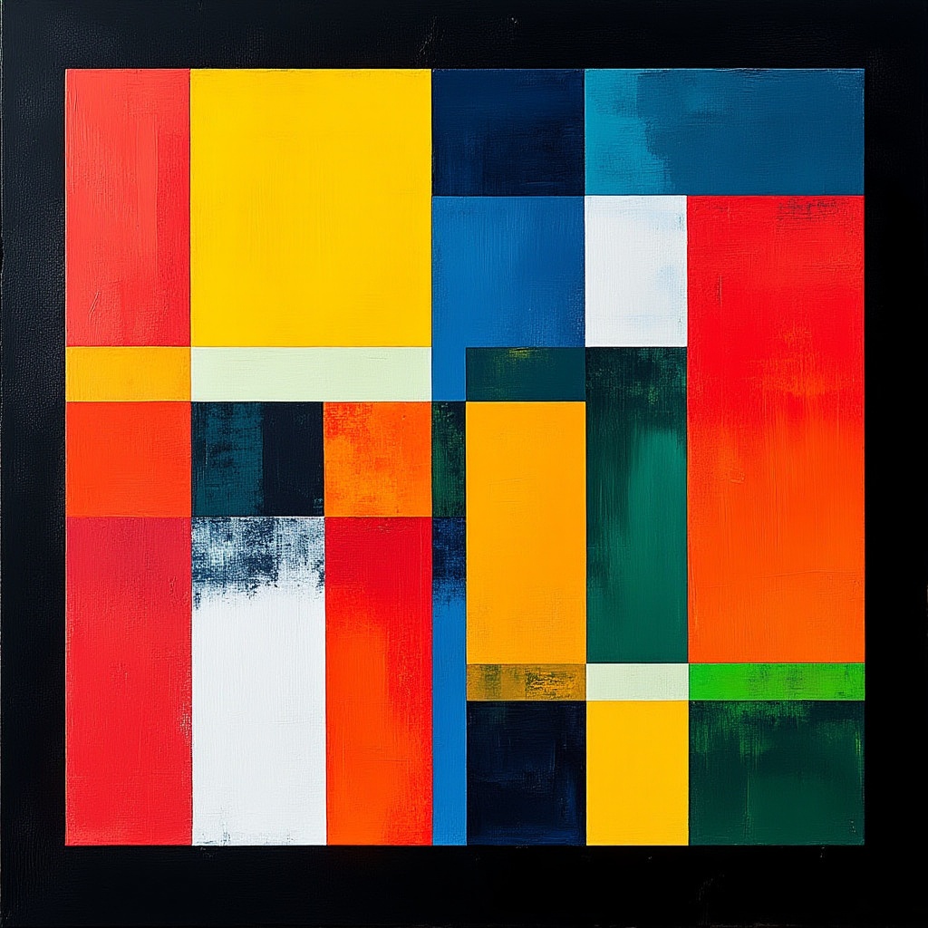 An abstract oum4bstract geometric composition featuring a symmetrical arrangement of colored rectangular and square shapes...