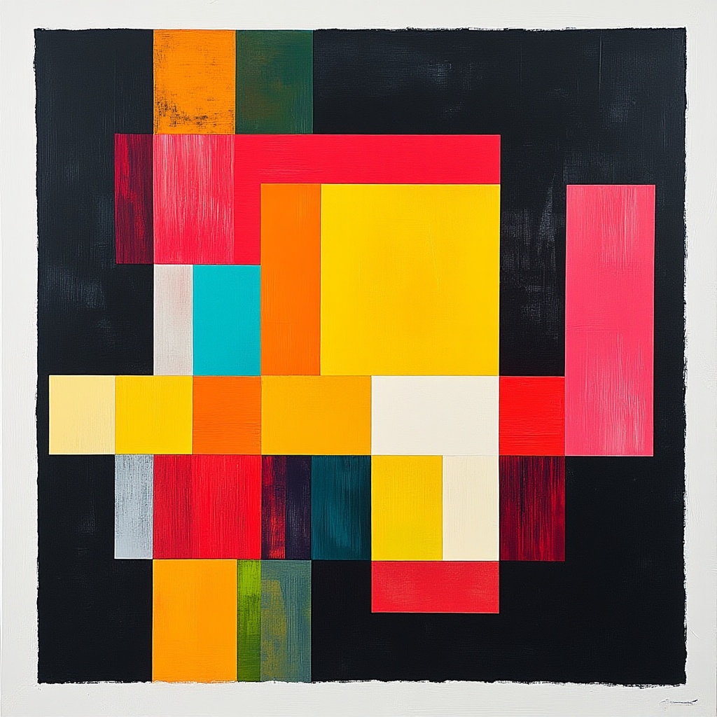 An abstract oum4bstract geometric composition featuring a symmetrical arrangement of colored rectangular and square shapes...