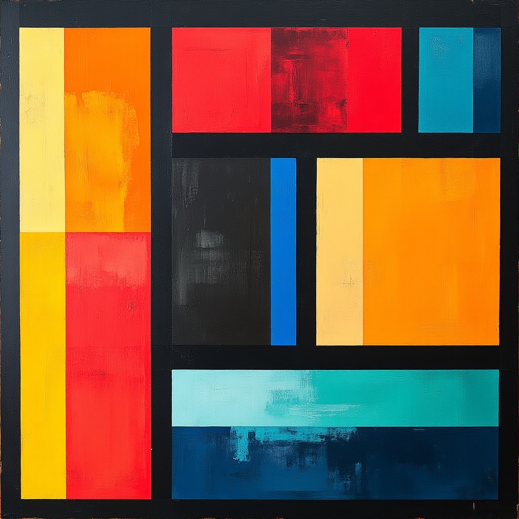 An abstract oum4bstract geometric composition featuring a symmetrical arrangement of colored rectangular and square shapes...