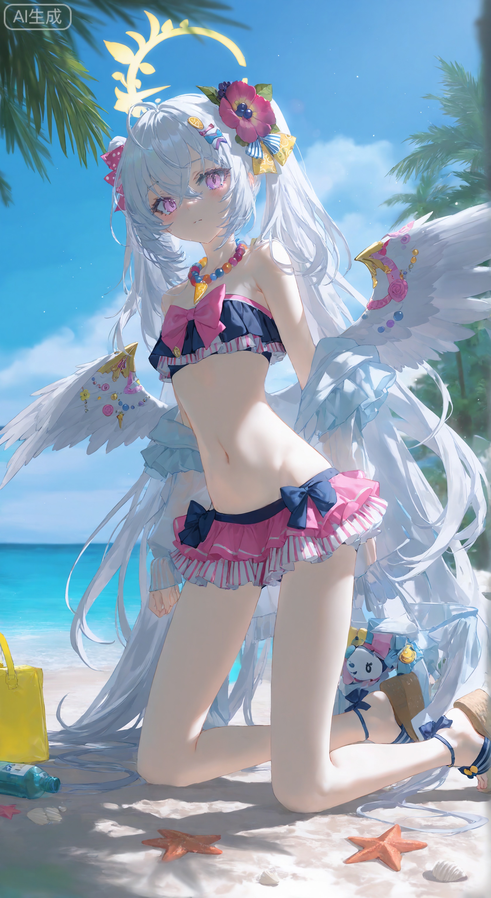 1girl, solo, long hair, looking at viewer, blush, bangs, hair ornament, bow, navel, hair between eyes, jewelry, very long hair, purple eyes, swimsuit, full body, flower, white hair, bikini, small breasts, outdoors, frills, wings, sky, day, cloud, hair flower, pink eyes, necklace, bag, tree, blue sky, kneeling, ocean, halo, beach, sandals, bottle, frilled bikini, beads, sand, palm tree, bead necklace, shell, starfish, azusa \(blue archive\)
,backlighting,depth of field,cinematic lighting,light particles,lens flare, (artist:quasarcake:0.8),extreme aesthetic,(wlop:0.6),masterpiece,best quality,good quality,newest,year 2024,year 2023,very aesthetic,absurdres,Visual impact,A shot with tension, ultra-high resolution,32K UHD,sharp focus,best-quality,masterpiece,Emotionalization,unconventional supreme masterpiece,masterful details,temperate atmosphere,with a high-end texture,in the style of fashion photography,  (Visual impact:1.2),giving the poster a dynamic and visually striking appearance,impactful picture,offcial art,colorful,movie perspective, masterpiece,best quality,amazing quality,very aesthetic,absurdres,best quality,newest,skin details