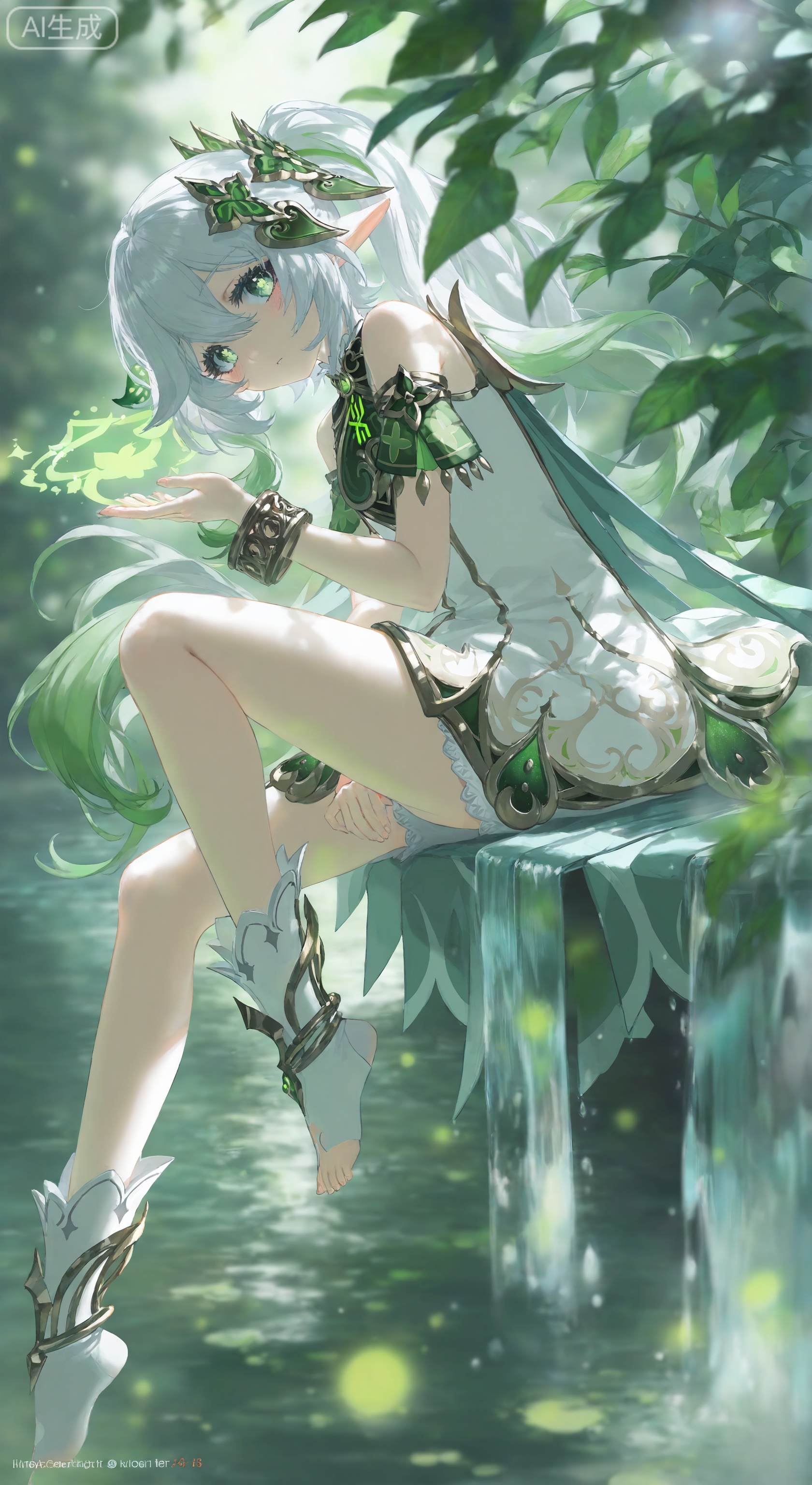1girl, solo, long hair, looking at viewer, blush, bangs, hair ornament, dress, hair between eyes, jewelry, sitting, green eyes, white hair, multicolored hair, detached sleeves, green hair, pointy ears, water, cape, white dress, side ponytail, bracelet, book, symbol-shaped pupils, gradient hair, leaf, white footwear, nahida \(genshin impact\)
,backlighting,depth of field,cinematic lighting,light particles,lens flare, (artist:quasarcake:0.8),extreme aesthetic,(wlop:0.6),masterpiece,best quality,good quality,newest,year 2024,year 2023,very aesthetic,absurdres,Visual impact,A shot with tension, ultra-high resolution,32K UHD,sharp focus,best-quality,masterpiece,Emotionalization,unconventional supreme masterpiece,masterful details,temperate atmosphere,with a high-end texture,in the style of fashion photography,  (Visual impact:1.2),giving the poster a dynamic and visually striking appearance,impactful picture,offcial art,colorful,movie perspective, masterpiece,best quality,amazing quality,very aesthetic,absurdres,best quality,newest,skin details